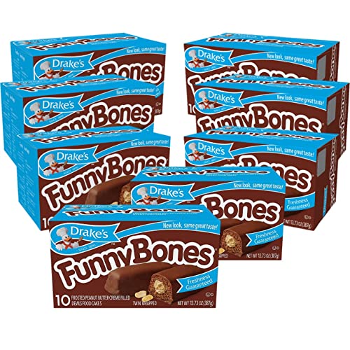 Drakes Funny Bones Snack Cakes - Peanut Butter Filled Devil's Food Cakes, 10 Cakes per Box (13.73oz), Pack of 8 Boxes - Perfect for Lunchboxes, Office Snacks & Party Treats