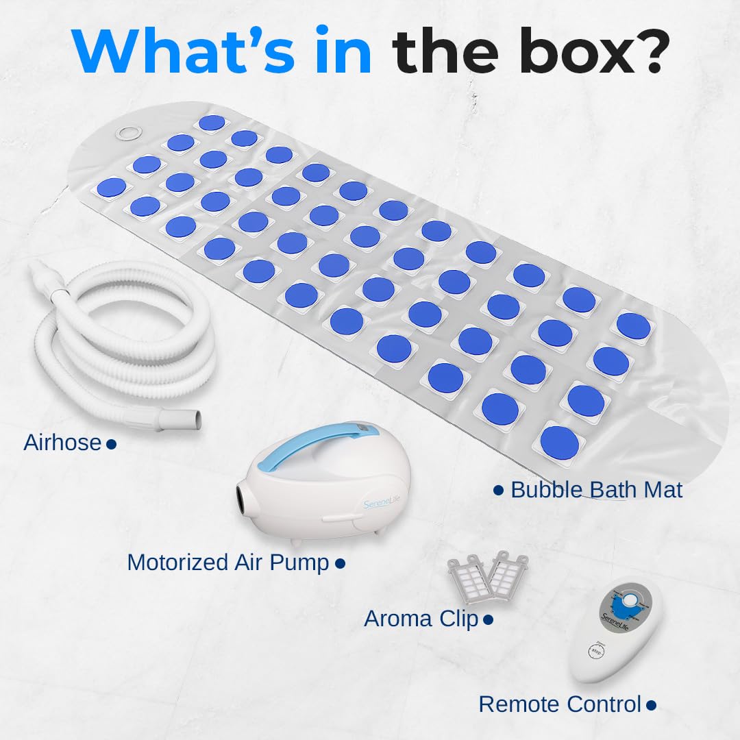 SereneLife Electric Bubble Massage Mat - Waterproof Full Body Massager with Heated Air Bubbles, Motorized Spa System & Essential Oil Aroma Clip - Relaxing Hydrotherapy for Home, Bath Tub, Pool - Blue