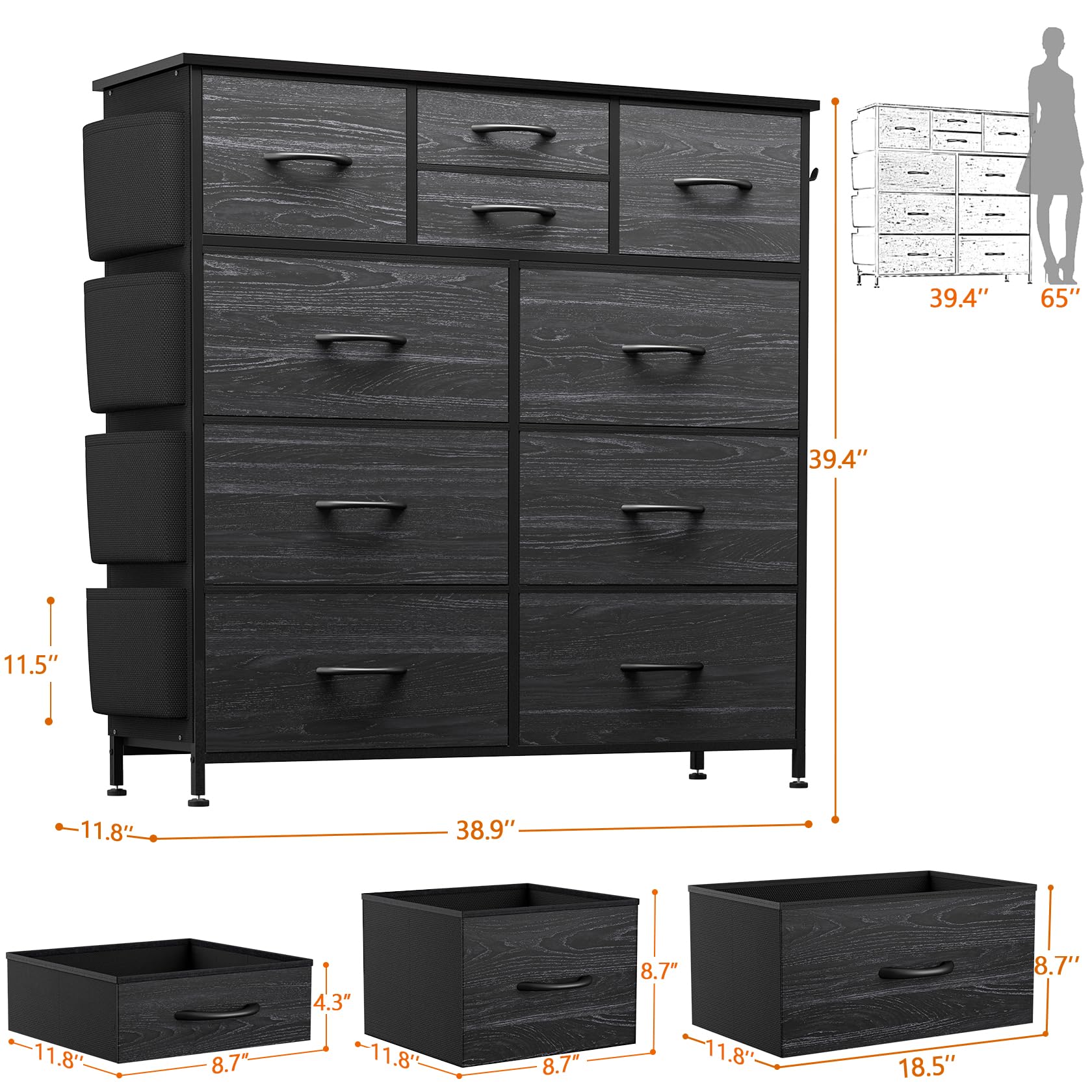 10-Drawer Fabric Dresser for Bedroom & Living Room - Wooden Top, Metal Frame with Side Pockets & Hooks - Black Wood Vein Pattern - Perfect for Closet Organization, Hallway Storage & Small Space Furniture