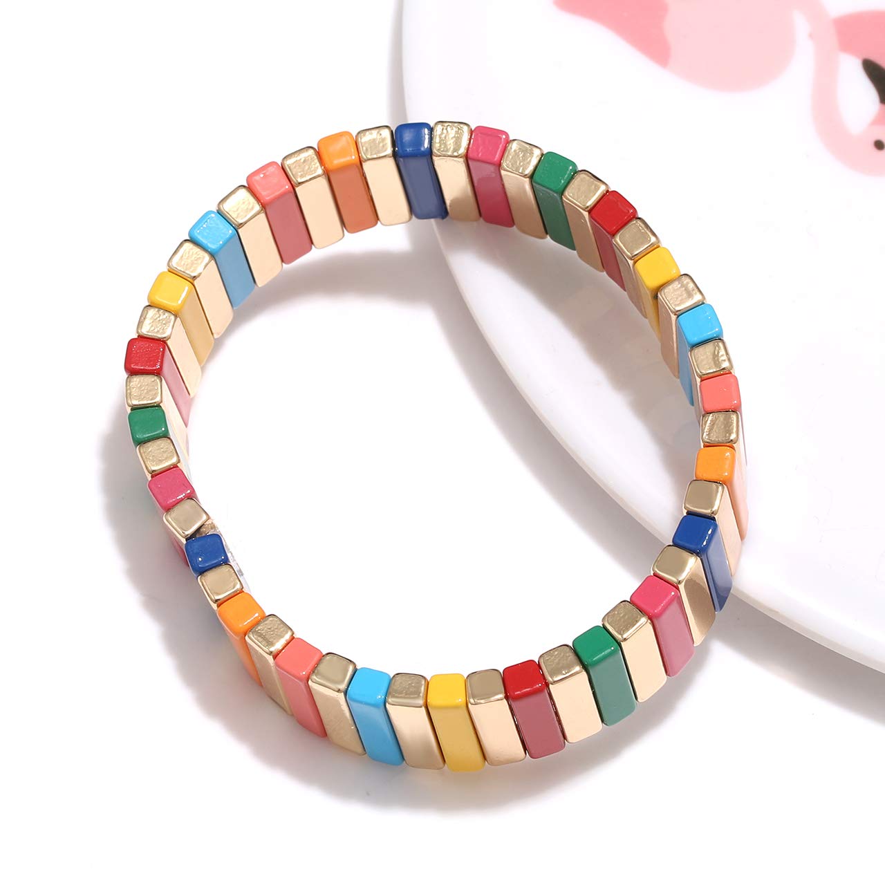 Rainbow Enamel Tile Bead Stretch Bracelets Set - Colorful Elastic Stackable Boho Bracelets for Women & Men | Handmade Layering Bracelets for Casual Wear, Festivals & Gifts