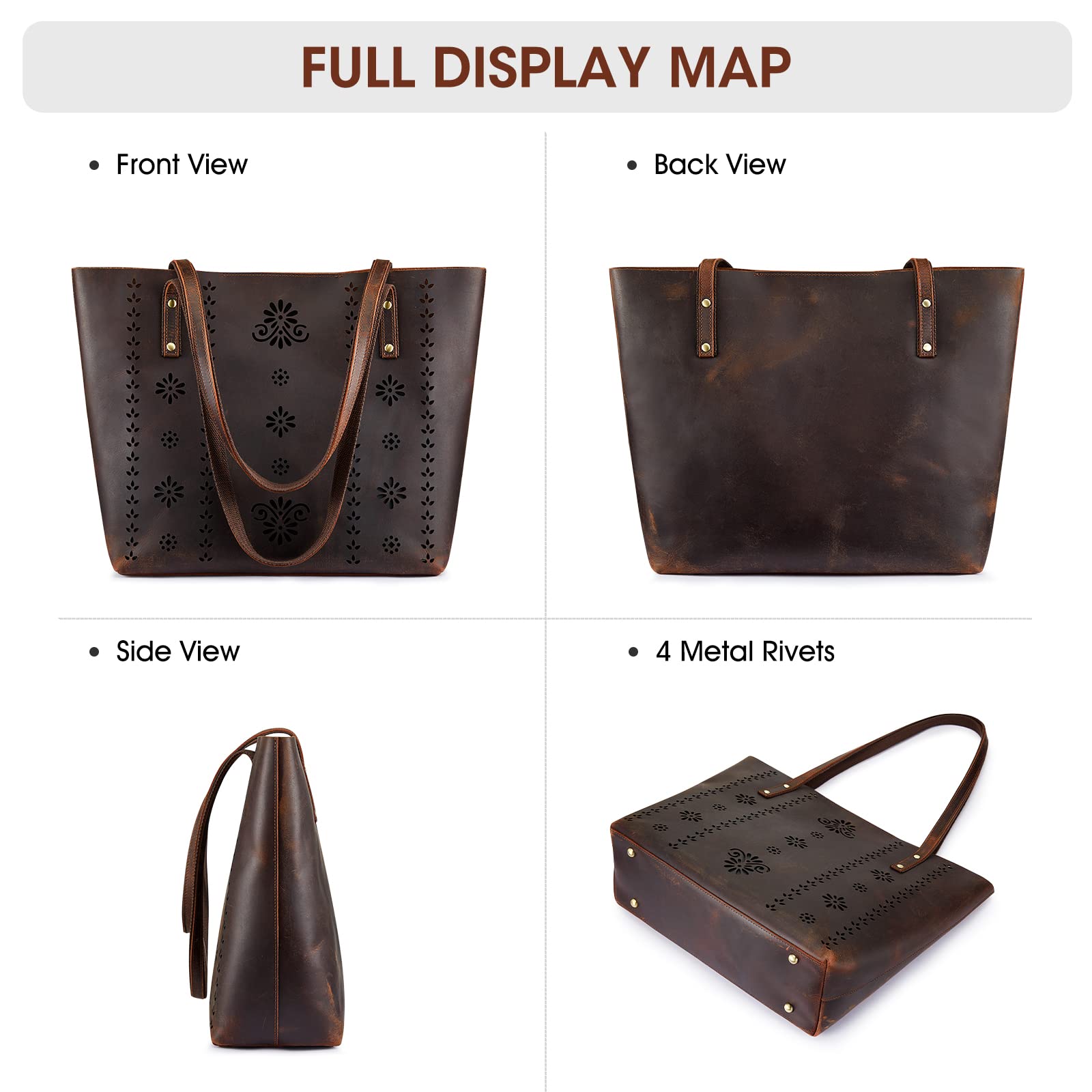 Kattee Women's Genuine Leather Tote Bag - Vintage Shoulder Purse with Top Handle - Thick Full Grain Leather Work Bag for Office, Travel & Everyday Use