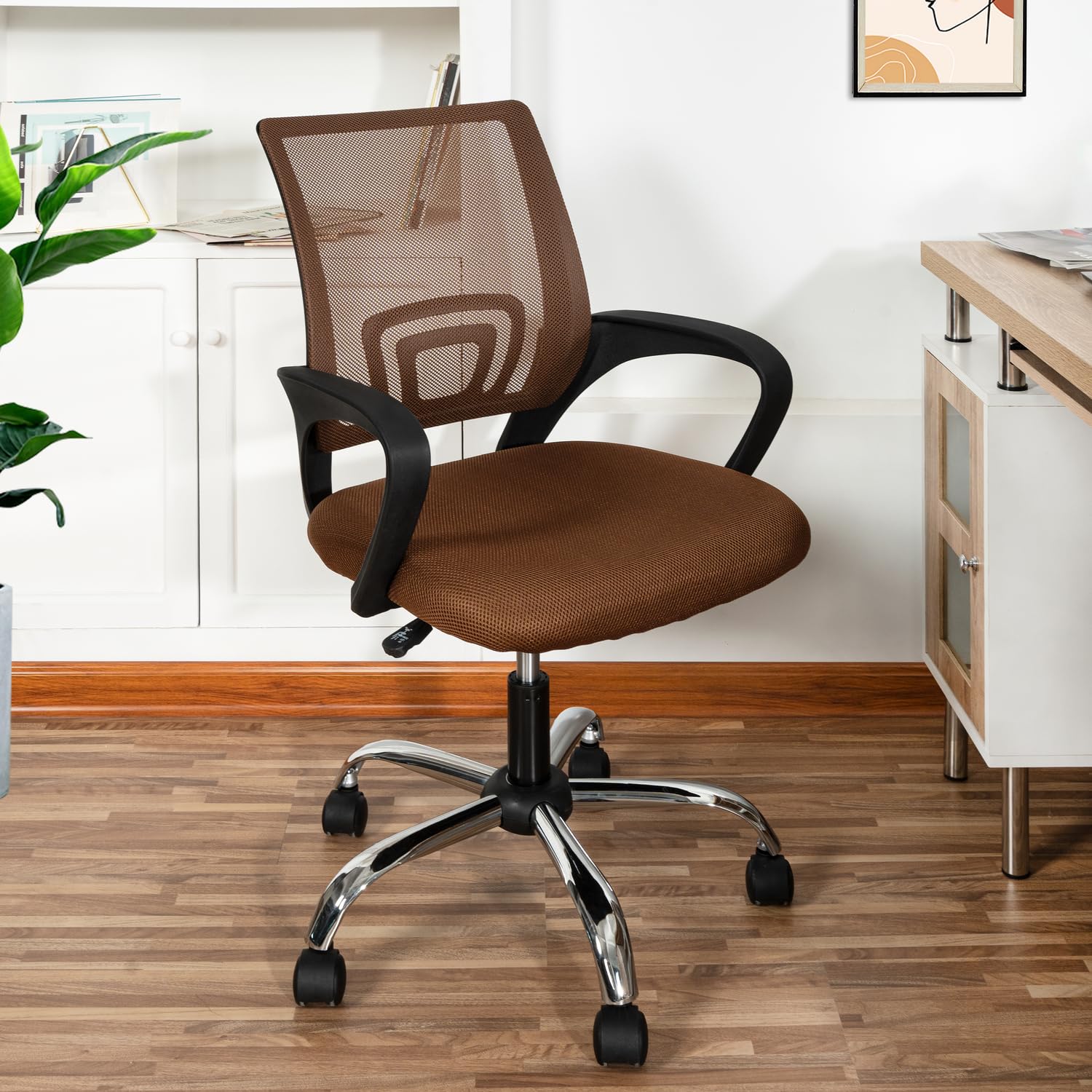 Ergonomic Home Office Desk Chair with Adjustable Lumbar Support - Comfortable Swivel Rolling Computer Chair for Small & Tall Desks, White & Brown Executive Chair - Perfect for Remote Work, Gaming, and Long Hours at Office Desk