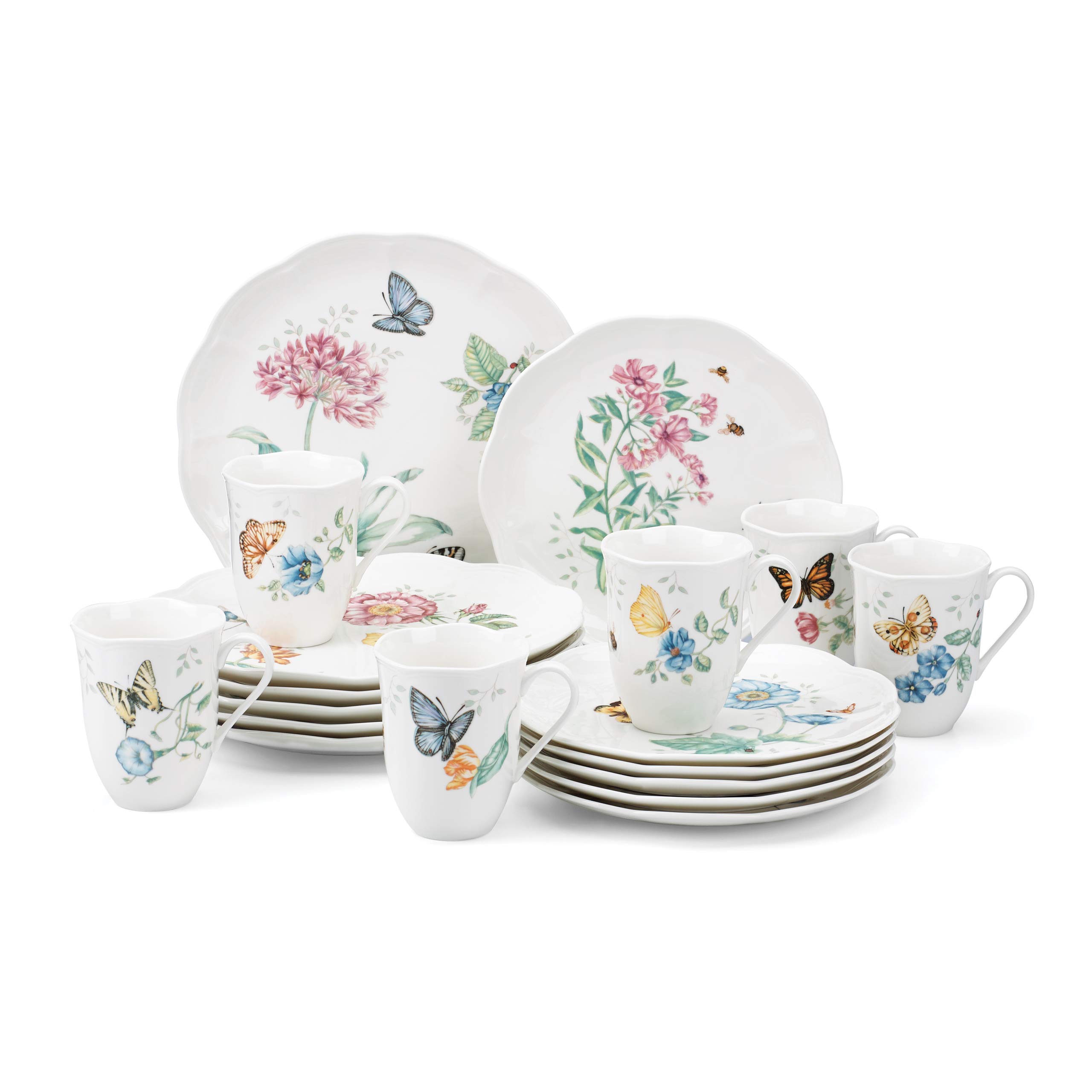 Lenox Butterfly Meadow 8-Piece Tea Set for 2, Porcelain White Floral Tea Cups & Saucers - Perfect for Afternoon Tea, Bridal Shower & Mother's Day Gifts