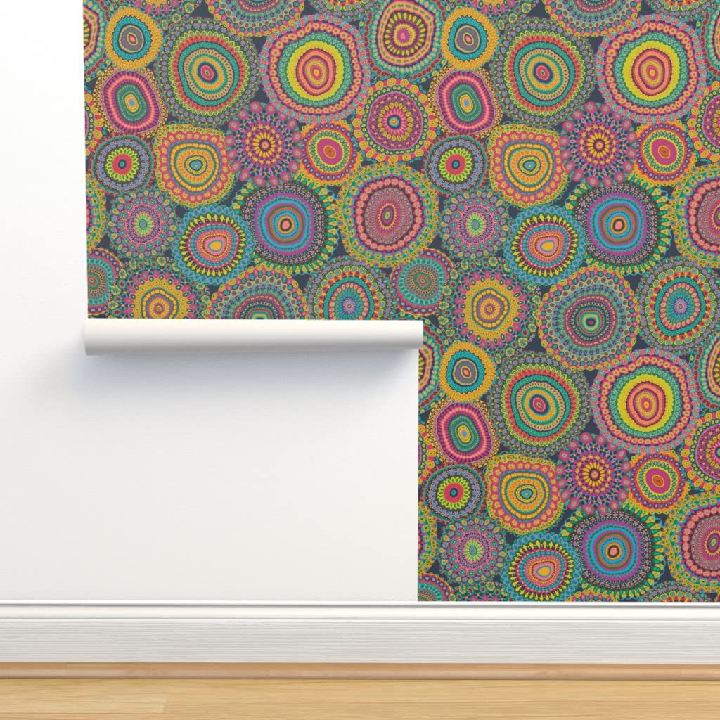 Peel & Stick Wallpaper Swatch - Grannys Patchwork Quilt Mandala Colorful Circle Retro Hippie Custom Removable Wallpaper by Spoonflower | Perfect for Nursery, Bedroom, Office & DIY Home Decor