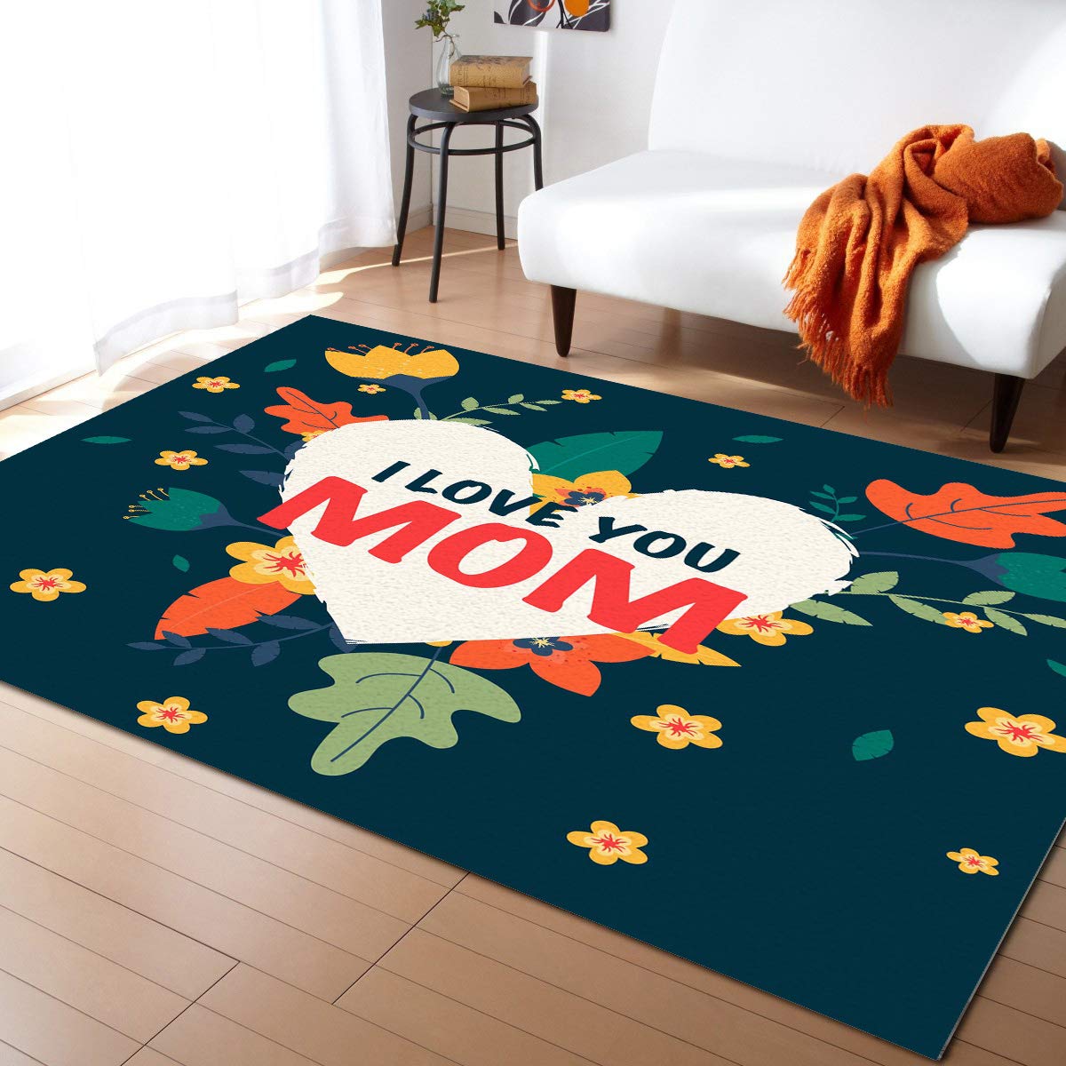 Edwiinsa 5x8 Feet Large Rectangle Area Rug - Non-Woven Plush Cushioned Indoor Carpet with Tropical Plants & Leaves Design - Perfect for Living Room, Bedroom, Nursery & Mother's Day Gift