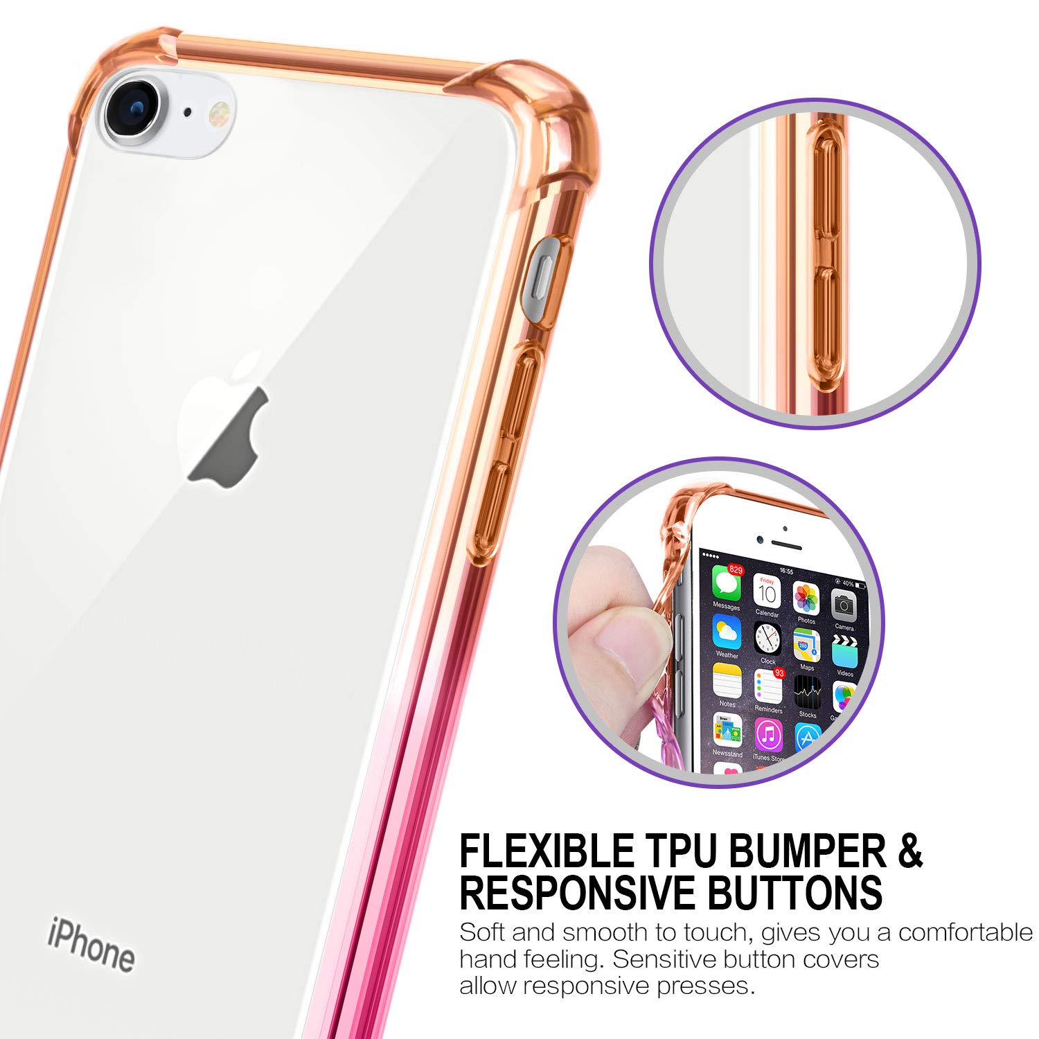 Slim Clear Shockproof iPhone SE 2020/8/7 Case - Cute Anti-Scratch TPU Bumper & Hard PC Back Cover for 4.7 Inch iPhones (Orange Pink) - Perfect for Everyday Protection & Style