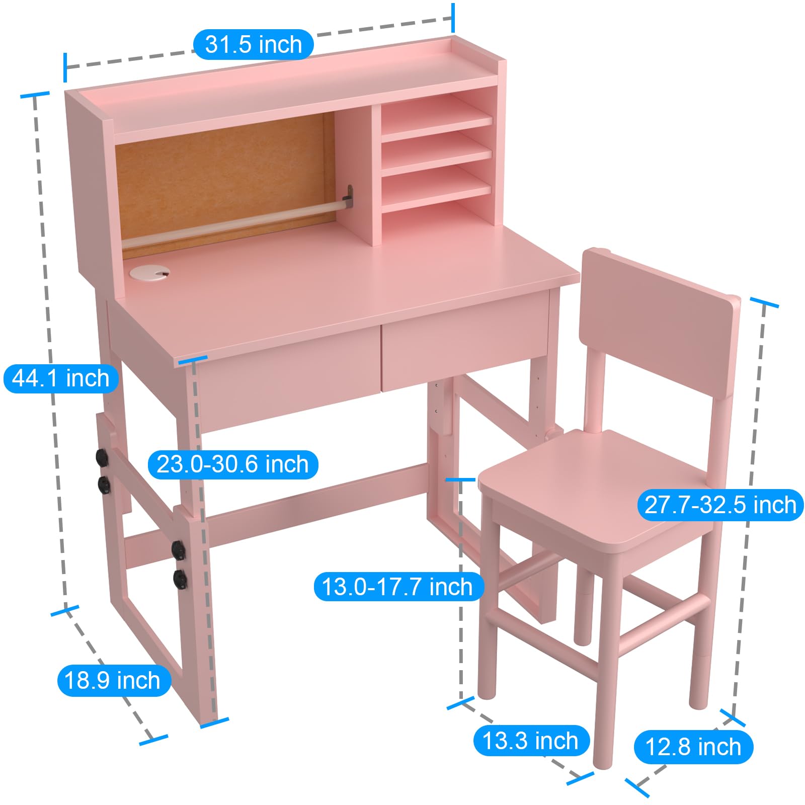 Ergonomic Height Adjustable Kids Study Desk with 2 Drawers & Chair Set - Pink Children's Art Table for 5-18 Years Old - Perfect for Homework, Drawing & Storage in Bedroom or Playroom