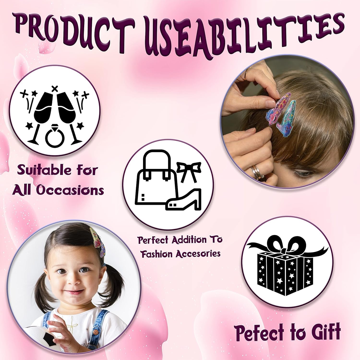 6-Pack Trolls Glitter Snap Hair Clips for Kids - Snag-Free Metal Barrettes, Non-Slip Hair Grips (5cm) - Perfect for Christmas Gifts, Birthday Parties & School Hair Accessories