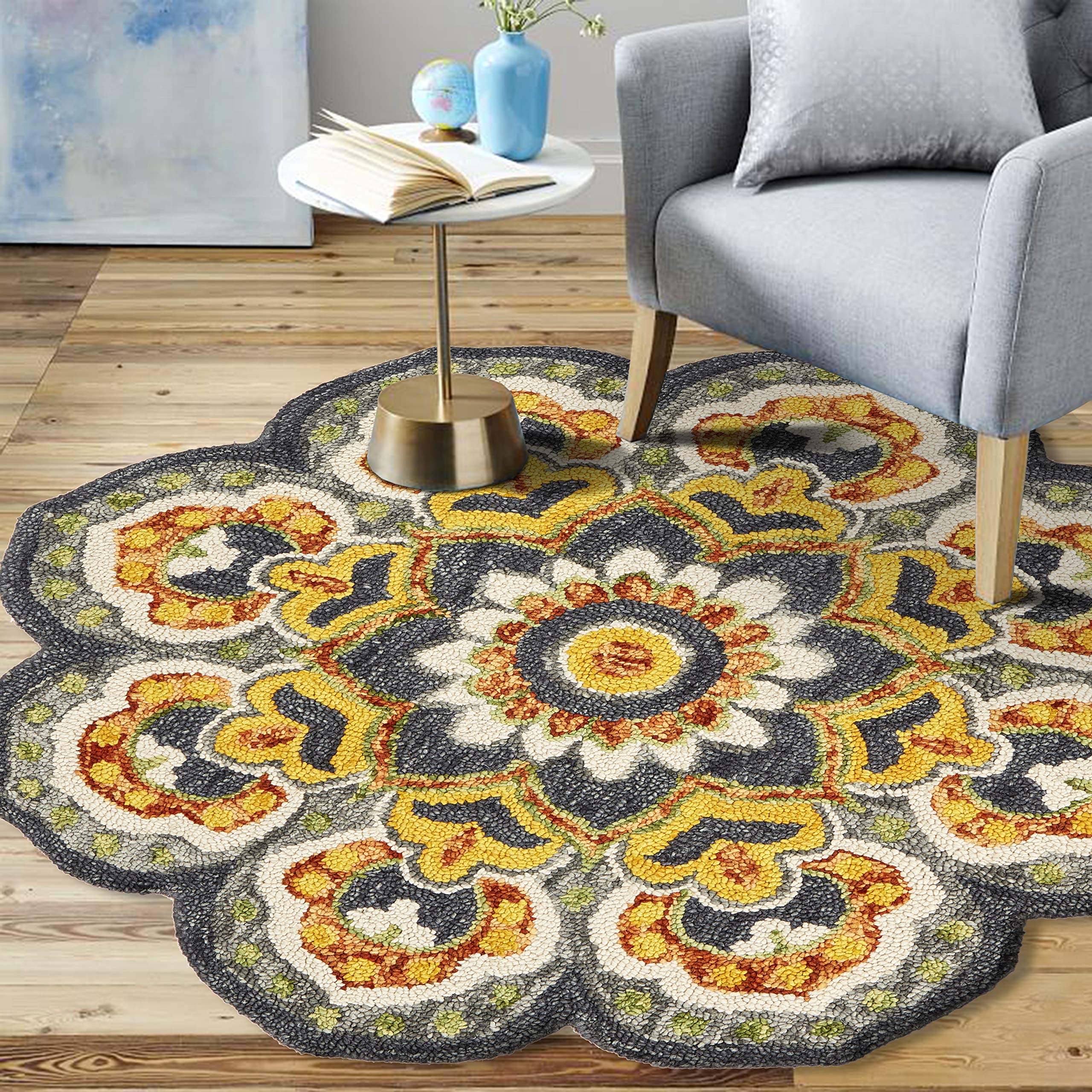 LR Home 6ft Round Indoor Wool Area Rug - Hand Woven Modern Farmhouse Boho Rug for Living Room, Bedroom, Playroom, Office & Entryway - Soft Gray & Yellow Home Decor Rug for Cozy Spaces & Stylish Interiors