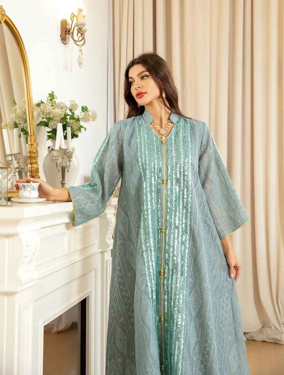 Elegant Eid Dress for Women - Sparkling Sequins & Embroidery Kaftan Caftan - Perfect for Eid Celebrations, Parties, and Special Occasions