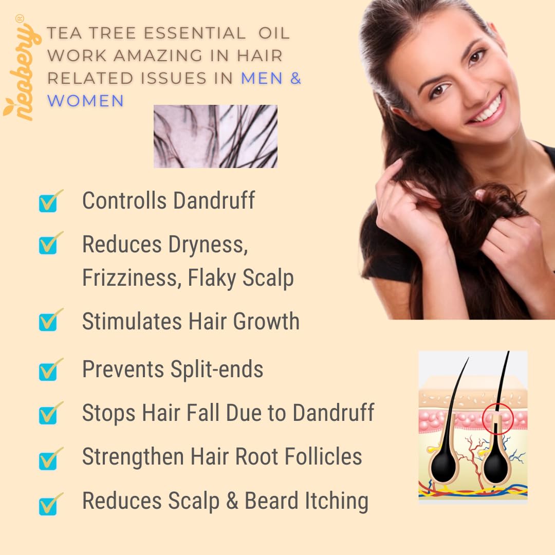 Neobery Tea Tree Essential Oil - 100% Pure, Organic & Natural for Skin, Hair, Face & Dandruff Treatment - 15ml | Perfect for Aromatherapy, DIY Beauty & Scalp Care