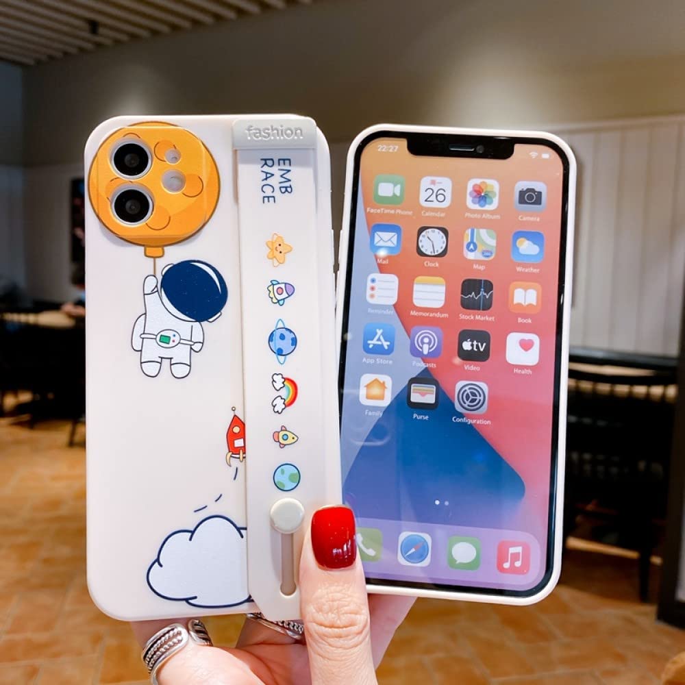 Cartoon Astronaut Planet Wristband Phone Case for iPhone 13 Pro Max/11/12 Pro Max/XS Max/XR/X/8/7 Plus - Soft Bumper Protective Cover (Compatible with iPhone 11 Pro) - Perfect for Space Lovers & Everyday Use