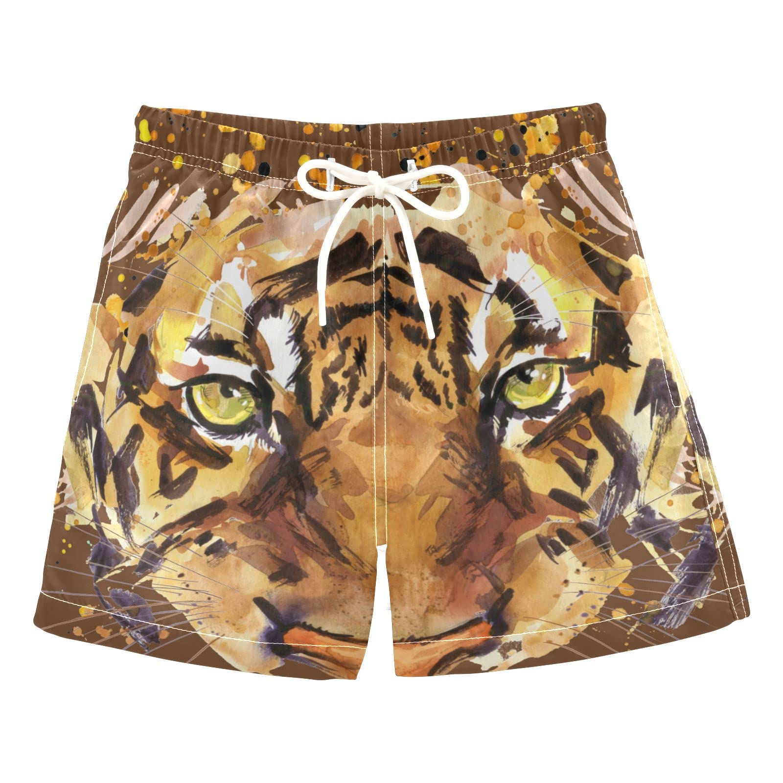 Boys Quick-Dry Watercolor Tiger Swim Trunks with Mesh Lining - Adjustable Waist Beach Shorts for Swimming, Surfing & Summer Vacation
