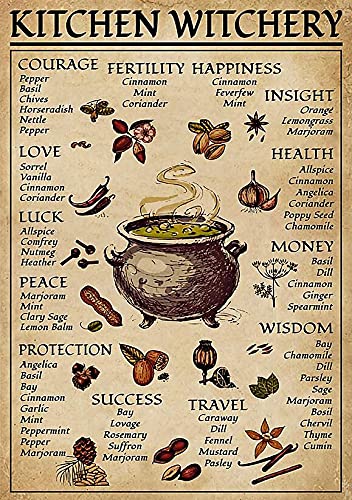 Vintage Metal Tin Retro Sign - Kitchen Witchery & Magic Knowledge Wall Art - Country Kitchen Decor - 8x12 Inch - Perfect for Home, Garden, Bar & Witchy Spaces