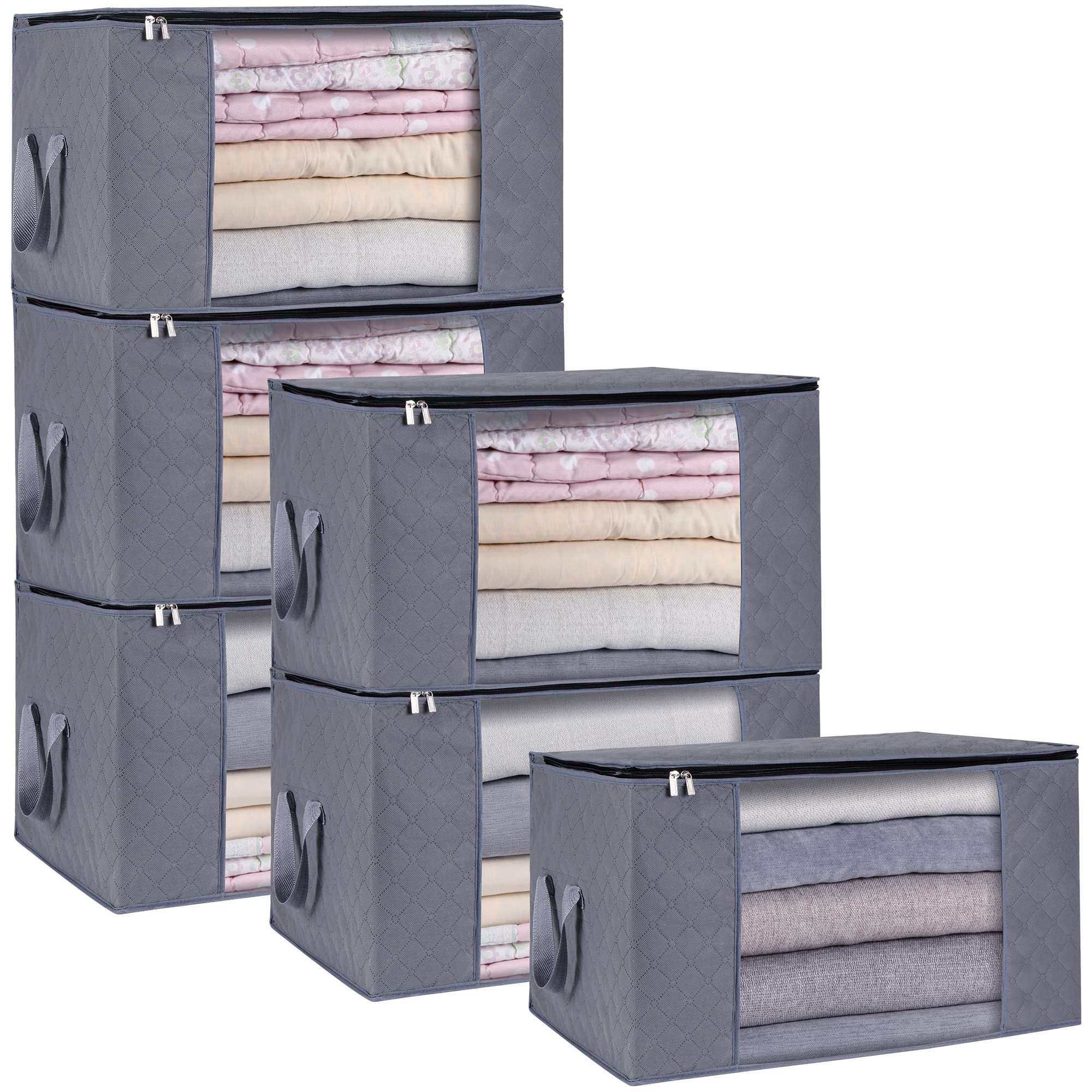 MANZOO Large Closet Organizers & Storage Bins - 6PC Pack (90L, Grey) - Heavy-Duty Clothes Storage Containers with Reinforced Handles for Comforters, Blankets & Bedding - Perfect for Closet Organization, Seasonal Storage & Space Saving