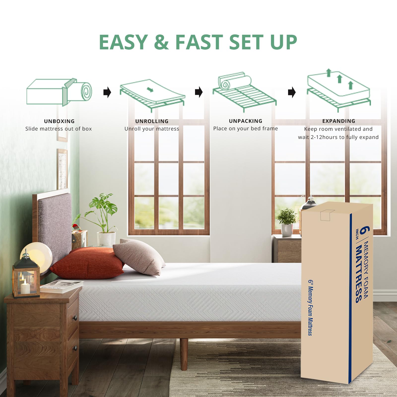 6 Inch Green Tea Memory Foam Twin Mattress - CertiPUR-US Certified, Fiberglass & Chemical Free - Cooling Gel Layer, Medium Firm Support - 75
