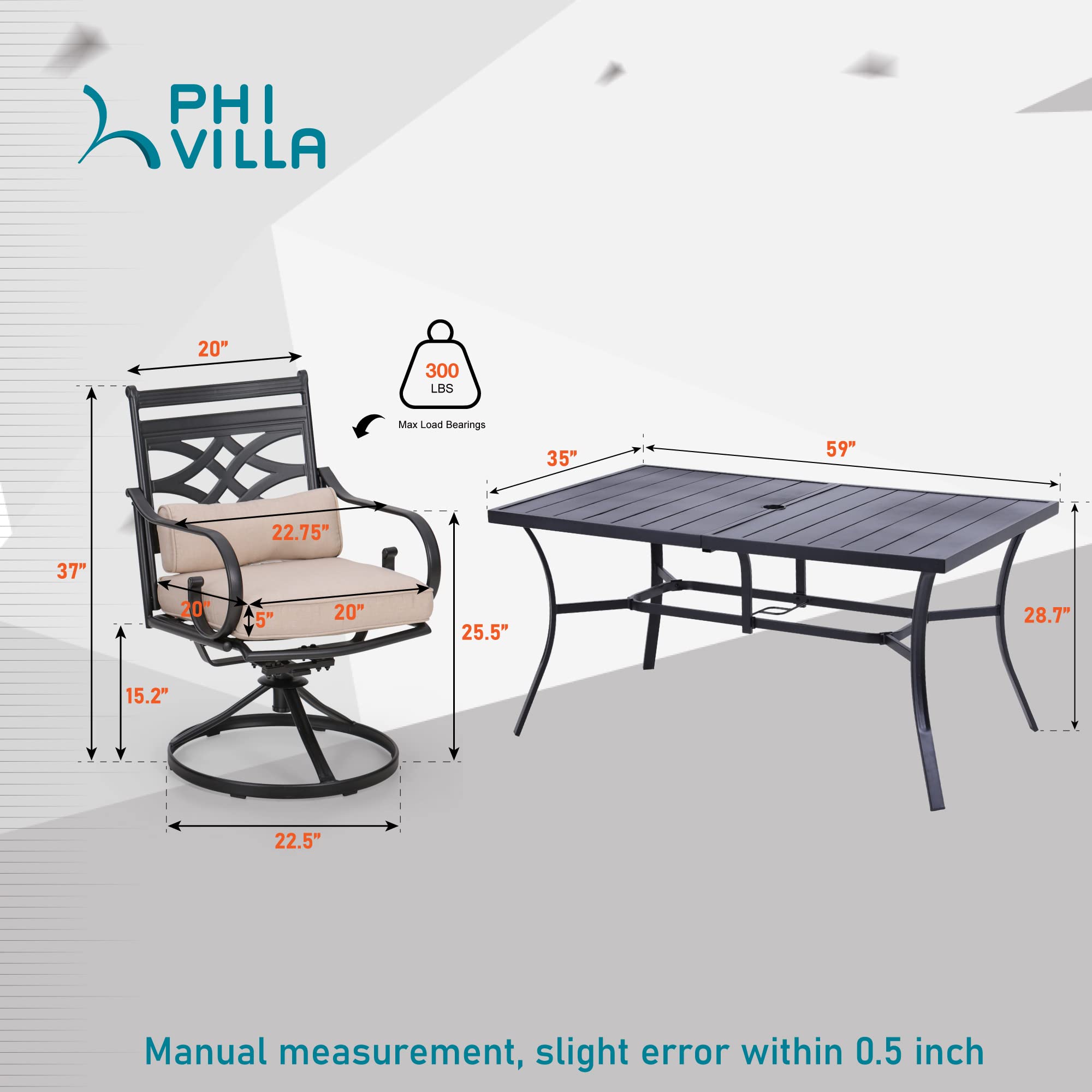 PHI VILLA 7-Piece Outdoor Patio Dining Set with Swivel Chairs - 6-Person Rectangular Steel Table Set with Cushions & Pillows for Garden, Lawn, Deck & Backyard Entertaining