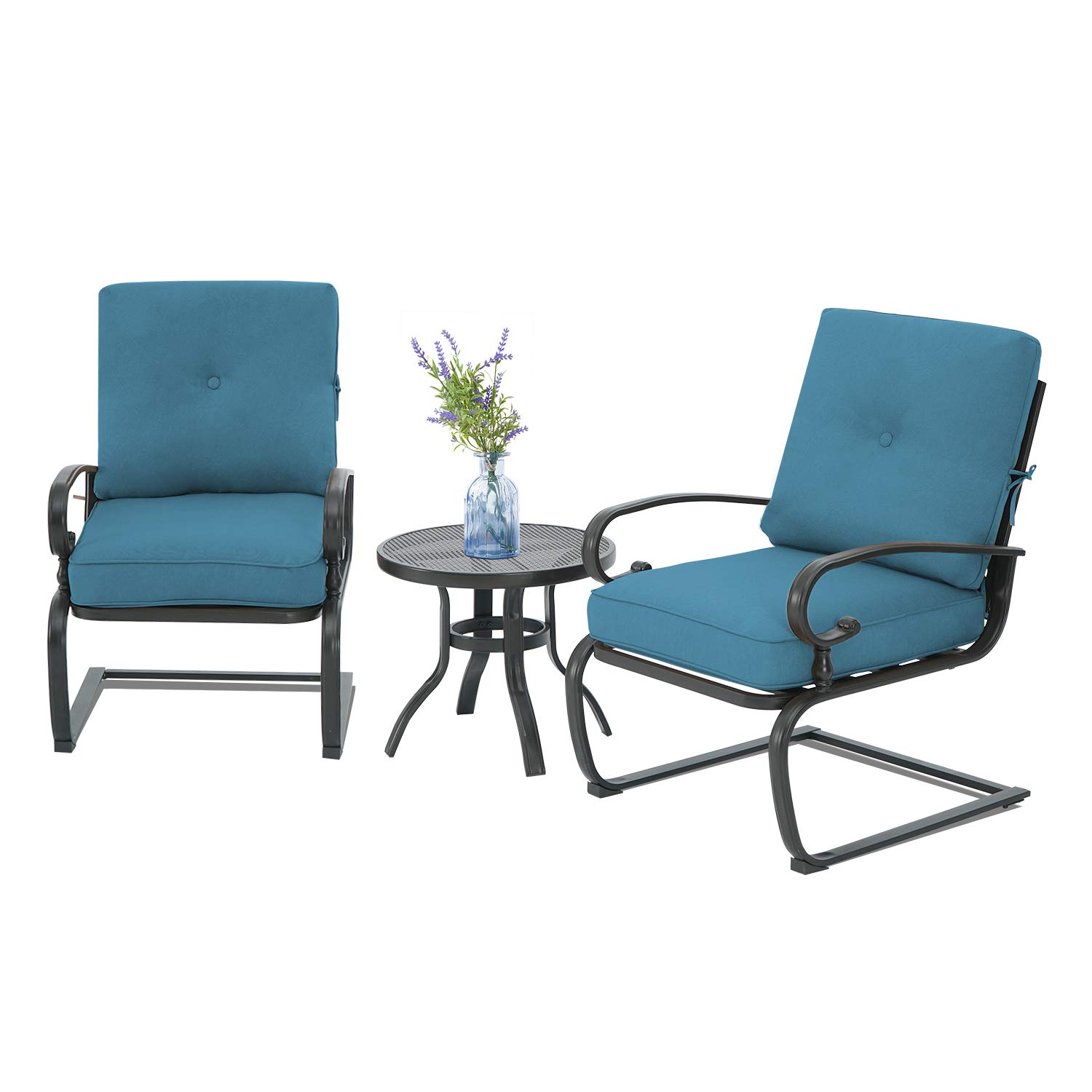 3-Piece Outdoor Bistro Set - Spring Metal Lounge Chairs & Round Table - Wrought Iron Patio Furniture in Blue - Perfect for Garden, Balcony or Poolside Relaxation