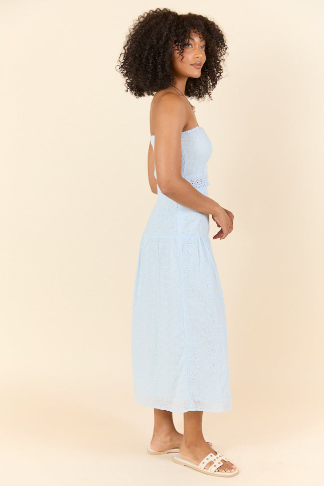 Take It Easy Blue Eyelet Tube Top Set - Women's Fashion Summer Crop Top & Skirt Outfit for Beach, Party, and Casual Wear