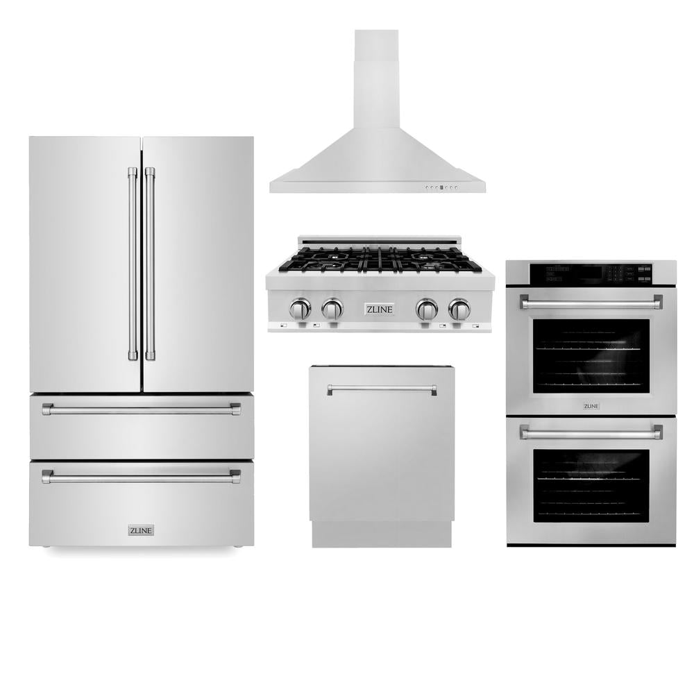 ZLINE 30-inch Stainless Steel Kitchen Package - Gas Rangetop, Convertible Range Hood, Double Wall Oven & 24-inch Dishwasher | Professional 5KPR RTRH30 AWDDWV Set for Modern Home Cooking & Entertaining