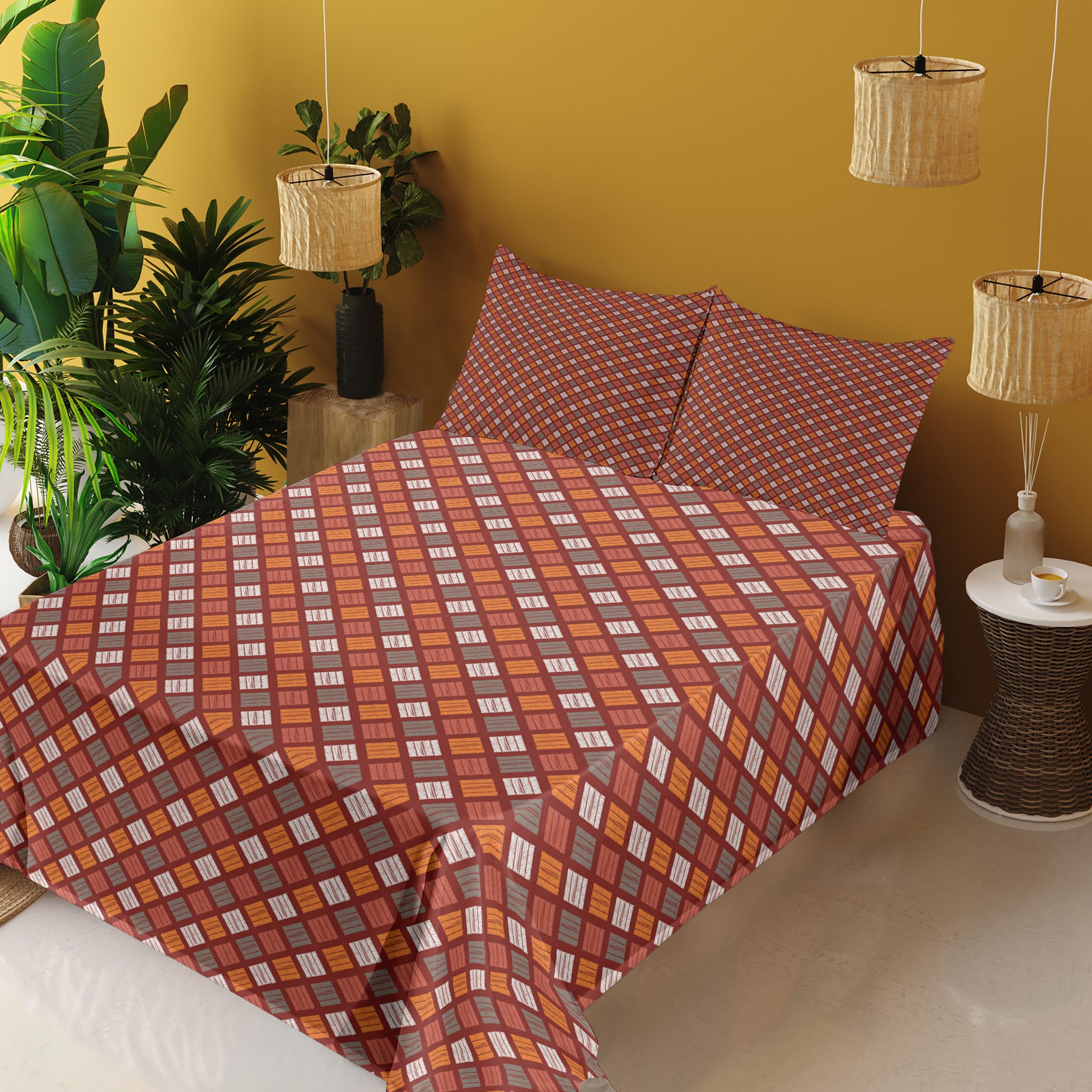 Ambesonne Abstract Geometric Bed Sheet Set - 4 Piece King Size with Fitted Sheet, Flat Sheet & Pillowcases - Warm Maroon Orange Dimgray Traditional Inspired Design - Perfect for Modern Bedrooms, Guest Rooms & Airbnb Styling