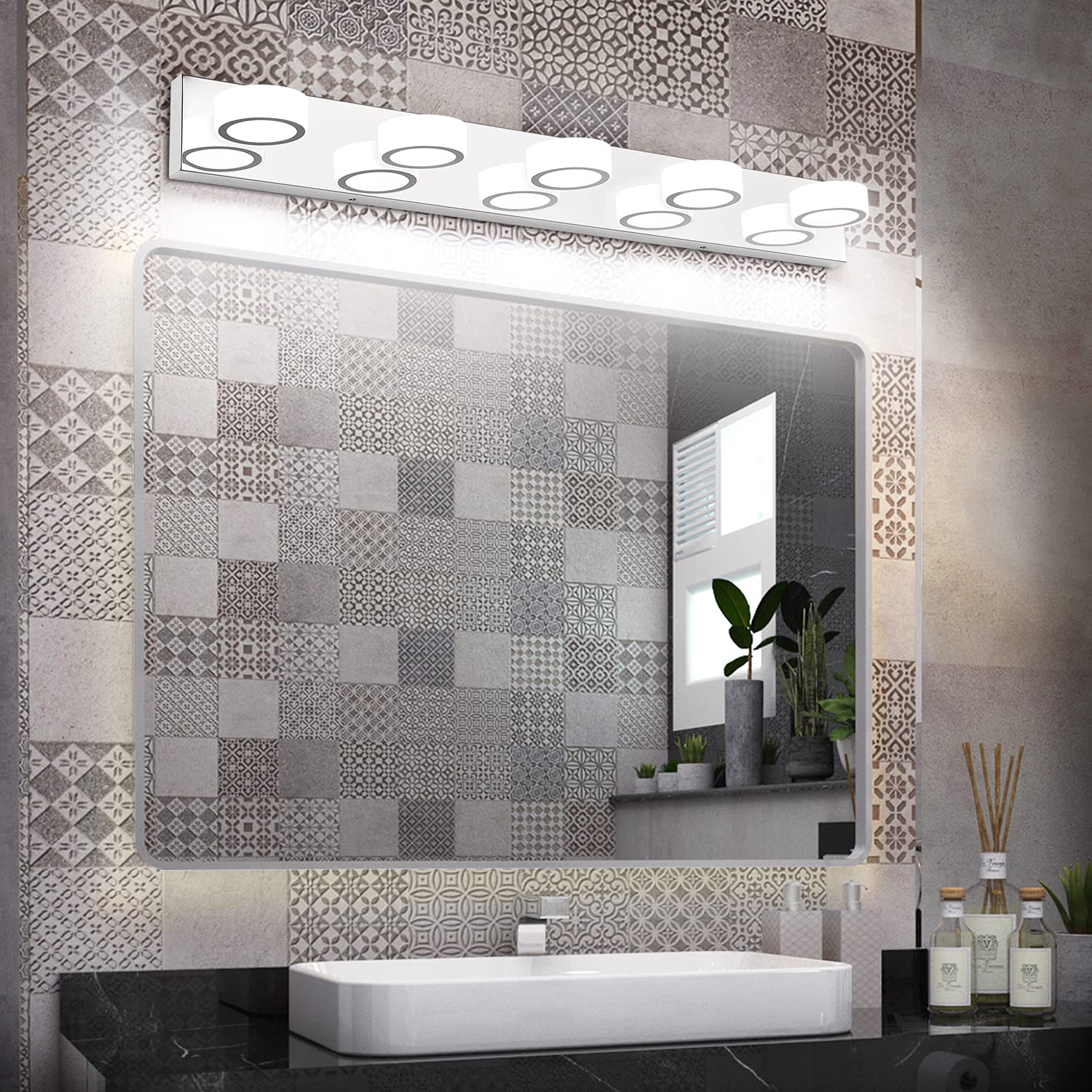 SOLFART 37 Inch Modern LED Vanity Light - 5 Light White Rotating Round Acrylic with Chrome Base - Bathroom Mirror Lighting Fixture for Makeup & Shaving - Perfect for Bedroom, Dressing Room & Spa Areas
