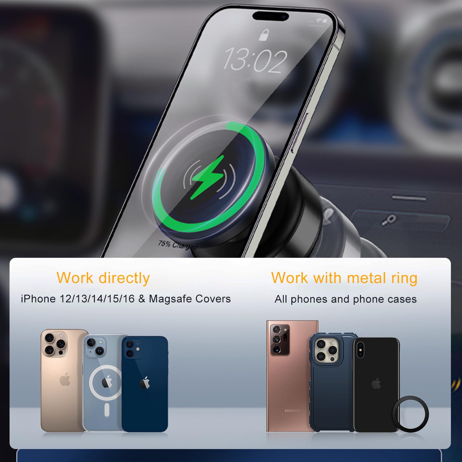 15W MagSafe Wireless Car Charger Mount - 360° Adjustable N52 Magnetic Phone Holder for iPhone | Strong Vacuum Suction for Windshield, Dashboard & Smooth Surfaces | Perfect for Commuting, Road Trips & Hands-Free Charging
