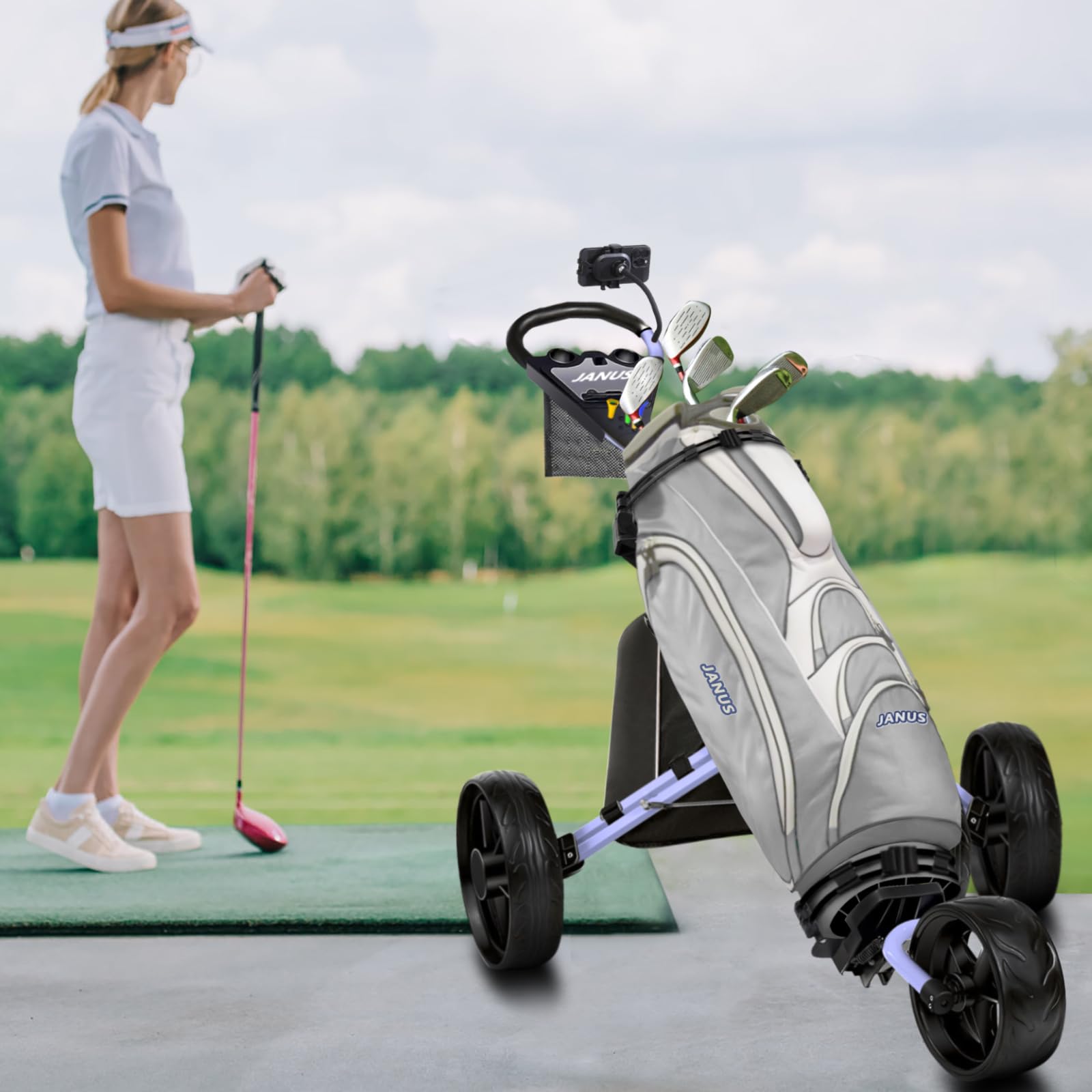 JANUS 3-Wheel Foldable Golf Push Cart with Gooseneck Phone Holder - Lightweight Golf Bag Pull Cart for Easy Transport | Perfect for Golf Courses, Driving Ranges & Outdoor Practice