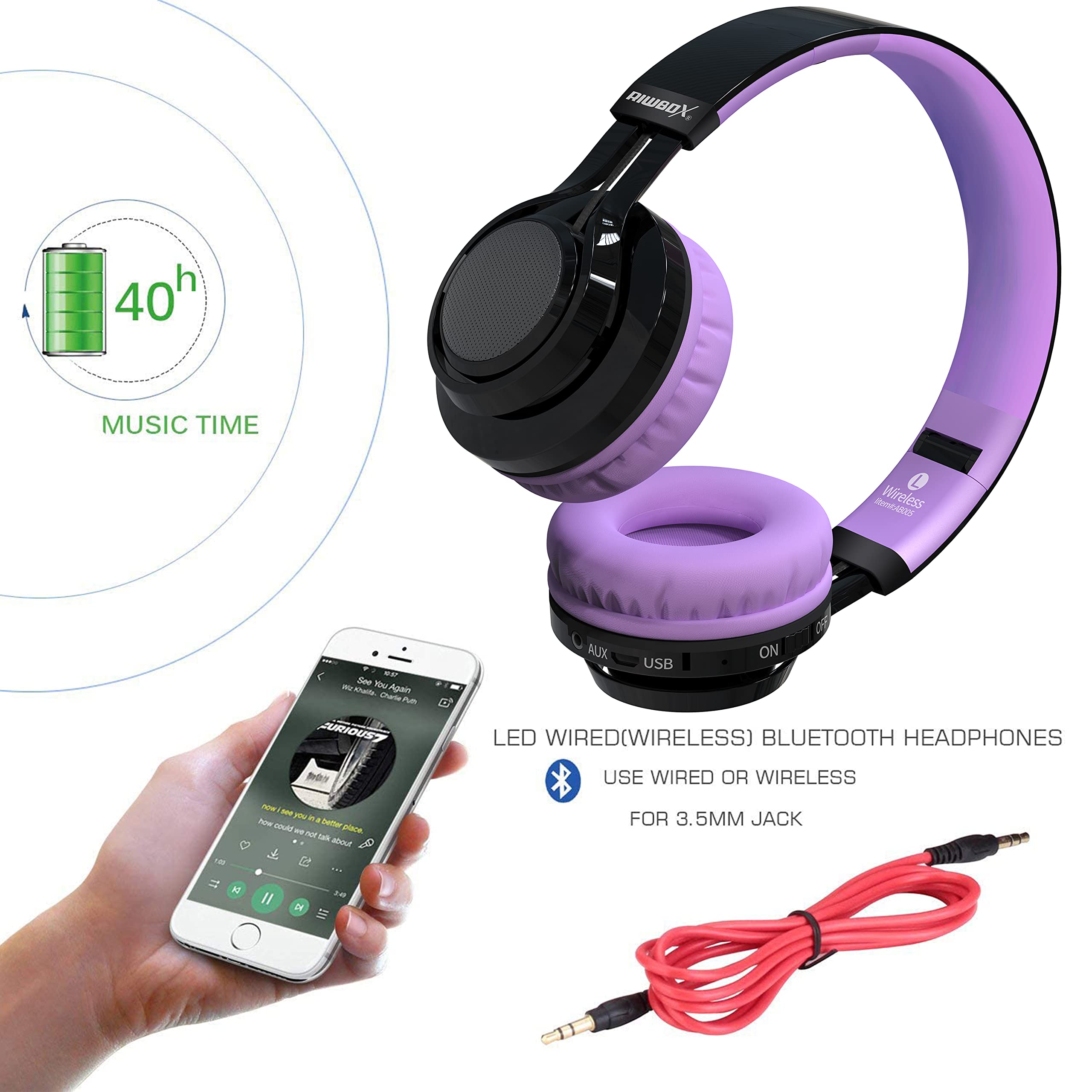 Riwbox AB005 Wireless Bluetooth Headphones for Kids with Microphone, LED Lights & FM Radio - Foldable Design, TF Card Slot - Compatible with Tablets, PC, TV (Black & Purple) - Perfect for School, Travel & Home Entertainment