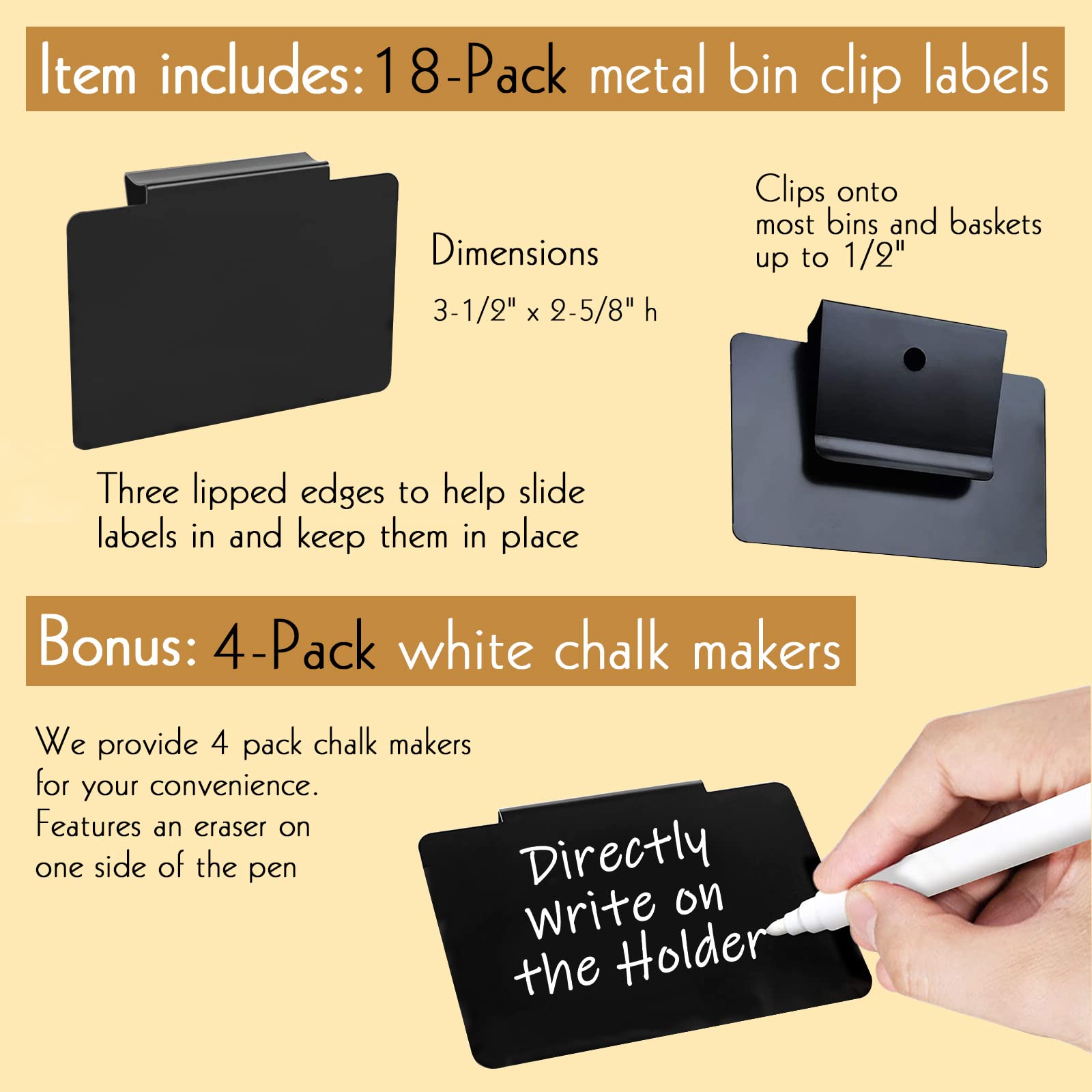 Removable Metal Basket Label Clips with Chalk Markers - 18 Black Pantry Organizer Holders + 4 White Chalk Pens for Storage Fabric Bins & Boxes | Perfect for Kitchen Pantry Organization, Laundry Room Storage & Home Office Supplies
