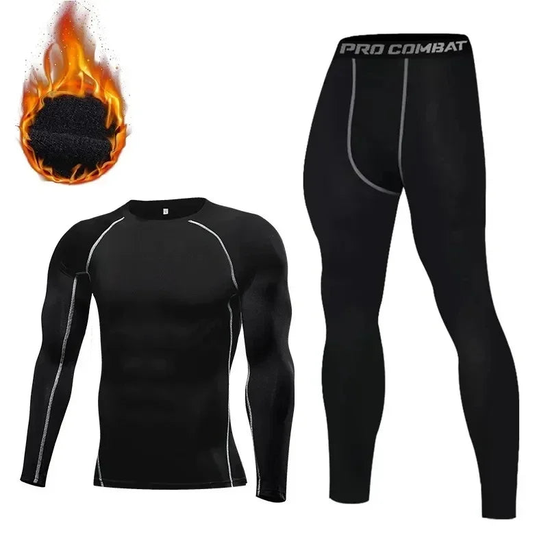 Men's Winter Thermal Fleece Gym Sets - Elastic Running & Fitness Outfit with Tight Exercise Top + Long Johns Base Layer Leggings for Cold Weather Workouts & Outdoor Sports