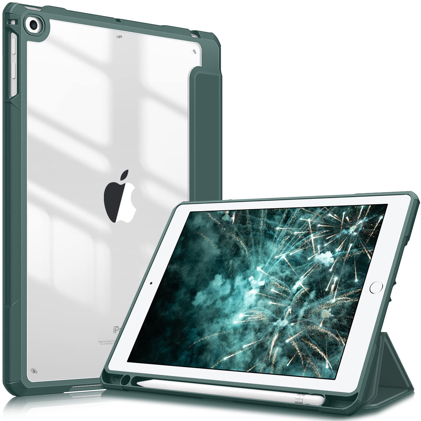 Fintie Hybrid Slim Shockproof Case for iPad 6th/5th Gen (2018/2017) & iPad Air 2/Air 1 (9.7 Inch) - Clear Transparent Back Cover with Built-in Apple Pencil Holder, Midnight Green - Perfect for Work, School & Travel Protection