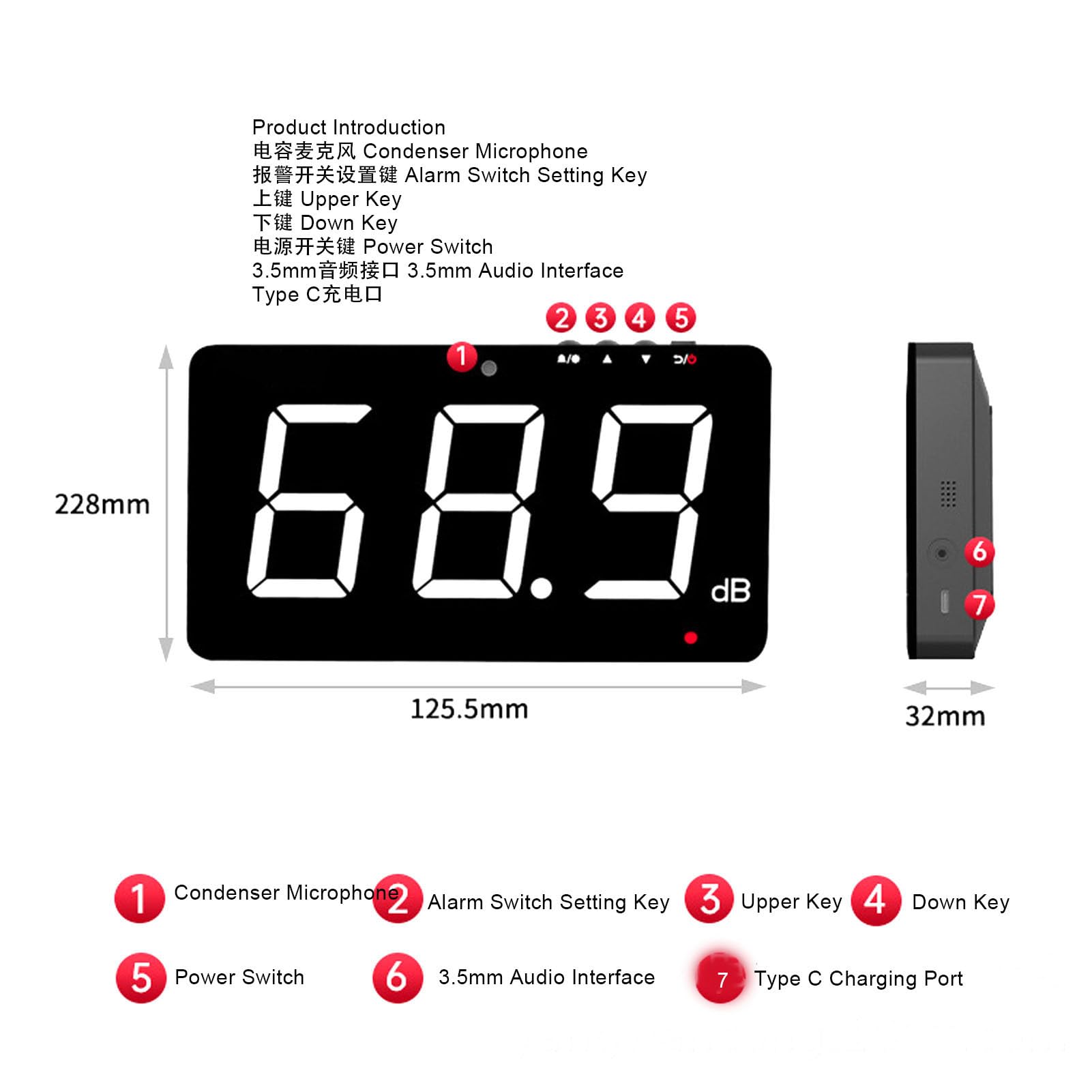 Professional Digital Sound Level Meter with Alarm - 9.6