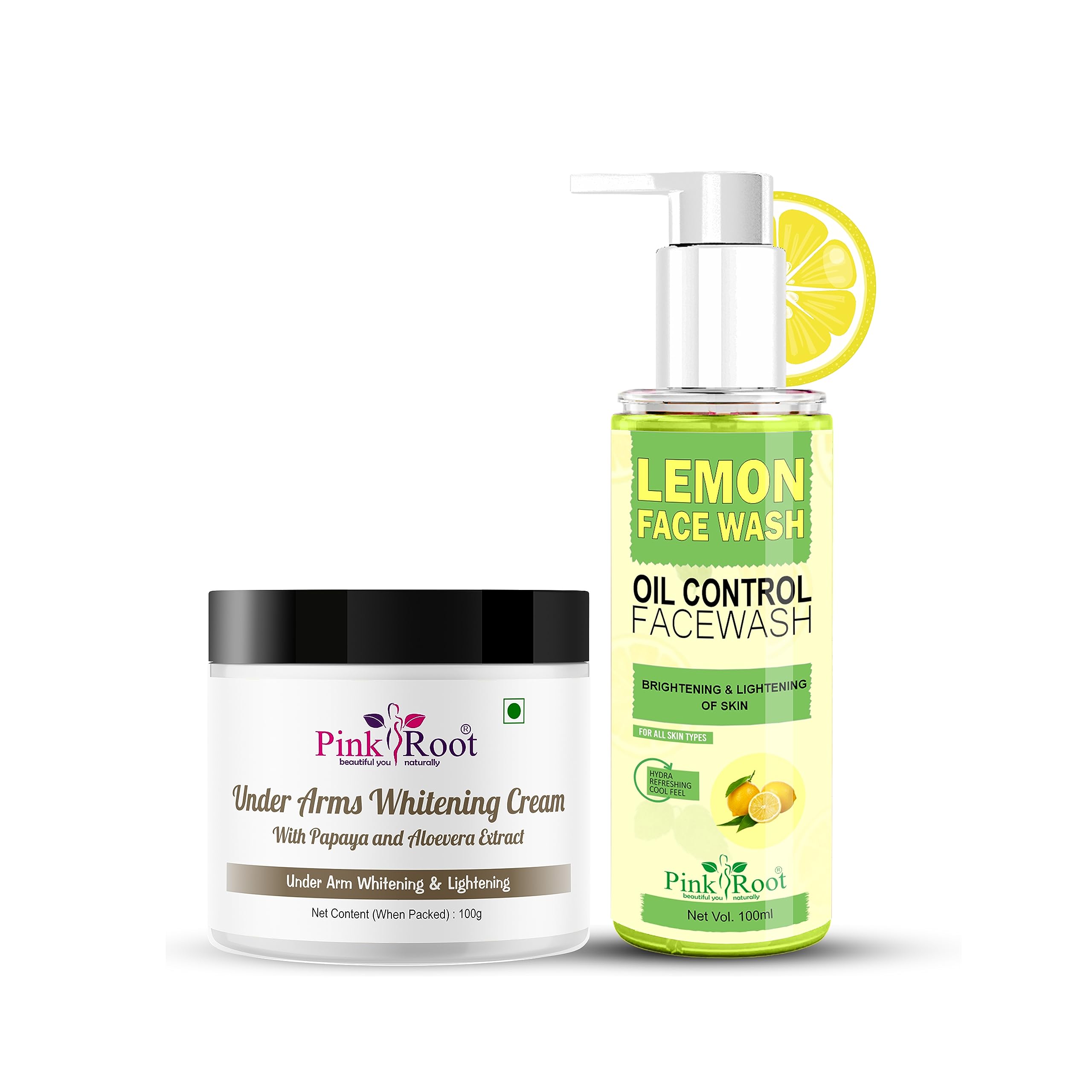 Pink Root Lemon Face Wash 100ml & Underarm Whitening Cream 100ml - Brightening Facial Cleanser & Skin Lightening Cream for Dark Spots, Acne & Hyperpigmentation - Perfect for Daily Skincare Routine & Nighttime Use