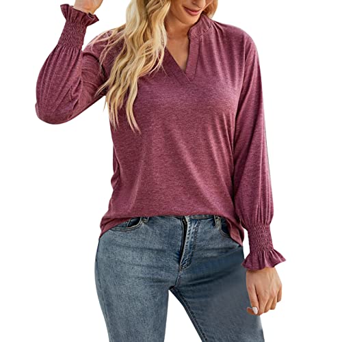 Women's Casual V-Neck Loose Fit Long Sleeve Blouse - Solid Color Ruffled T-Shirt Top (Wine Red, XXL) | Comfortable Everyday Wear for Office, Dating & Weekend Outfits