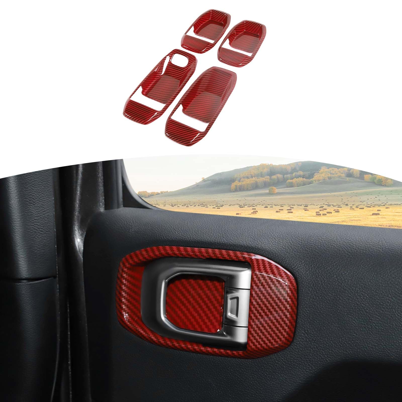 RT-TCZ Jeep JL Inner Door Handle Bowl Cover Trim - Red Carbon Fiber Interior Accessories for Jeep Wrangler JL/JLU & Gladiator JT (2018-2024) - 4pcs Set - Upgrade Your Ride with Premium Style & Protection