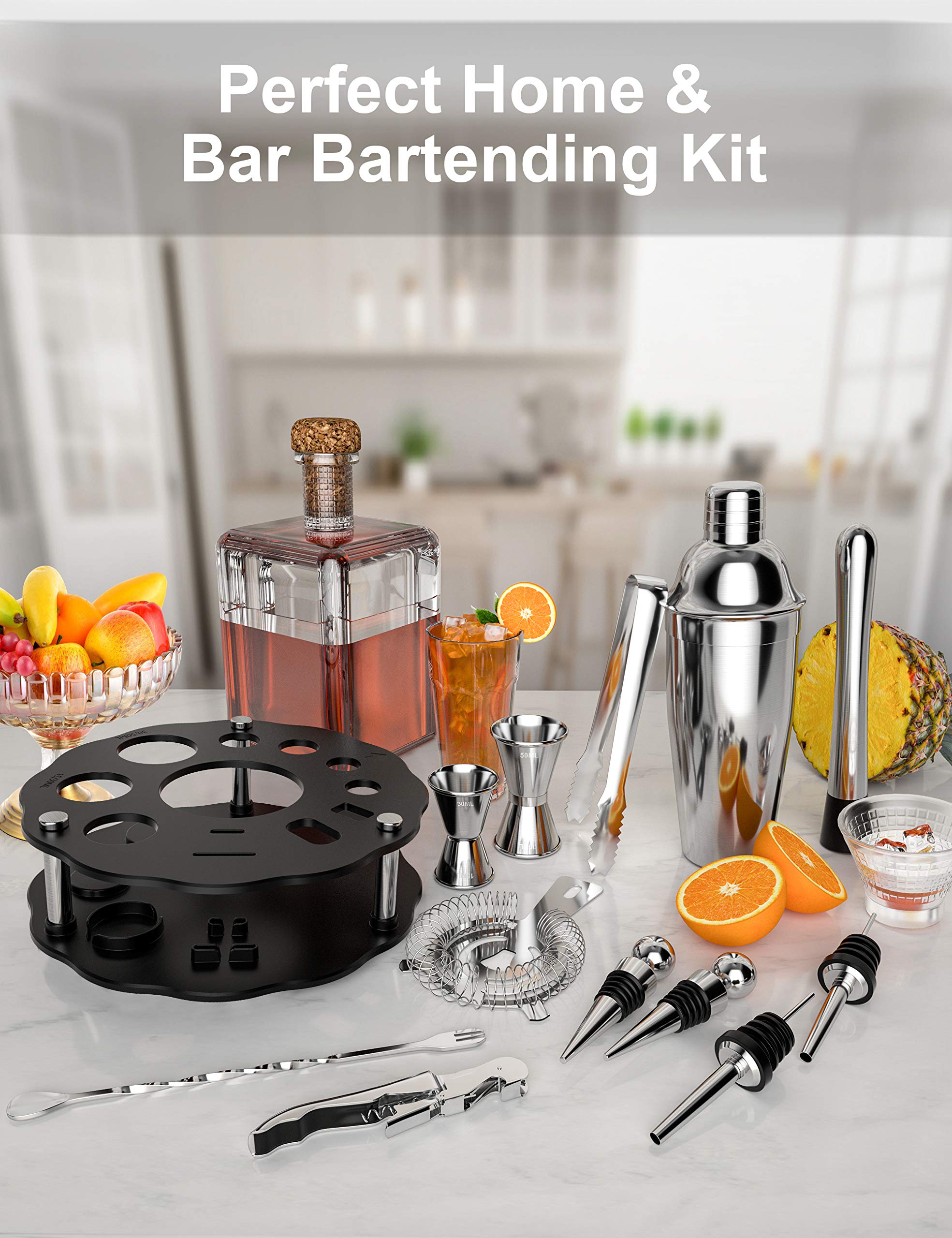 14-Piece Stainless Steel Bartender Kit with Rotating Stand - 25 oz Cocktail Shaker Set, Jigger, Spoon, Pourers, Muddler, Strainer, Tongs, Bottle Stoppers & Opener - Professional Bar Tools for Home Mixology & Cocktail Parties - Perfect for Bartenders, Home Bars & Entertaining Guests
