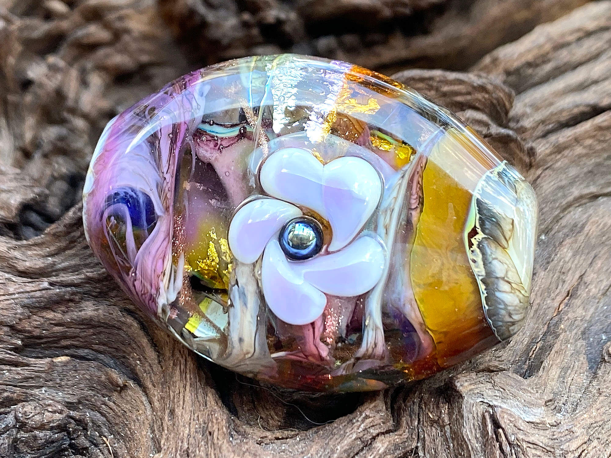 Handmade Purple Floral Organic Lampwork Glass Focal Bead for Jewelry Making - DIY Necklace, Bracelet, Earrings Craft Supplies - Perfect for Boho, Wedding & Gift Jewelry Designs