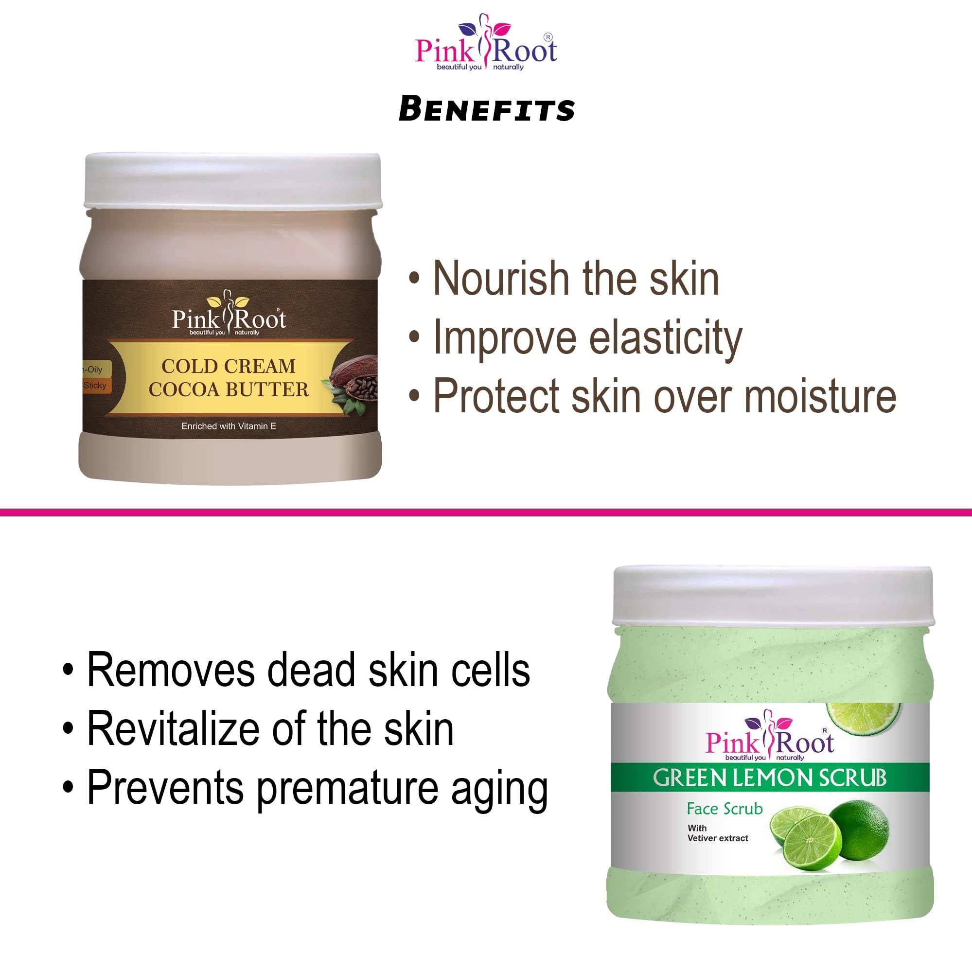 Organic Pink Root Cocoa Butter Cold Cream & Green Lemon Scrub Set - 500gm Each | Moisturizing & Exfoliating Skincare for Dry Skin | Perfect for Spa Day & At-Home Self Care Routine