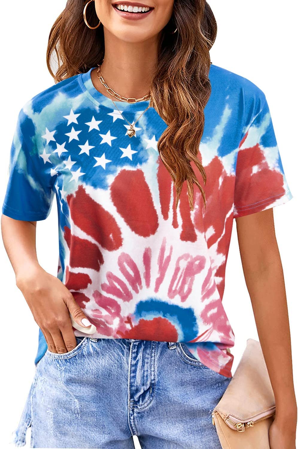 QLIPIN American Flag Tie Dye T-Shirt for Women - Patriotic 4th of July Top in Red White & Blue - USA Flag Star Stripe Tee - Perfect for Independence Day Celebrations, BBQ Parties & Summer Festivals