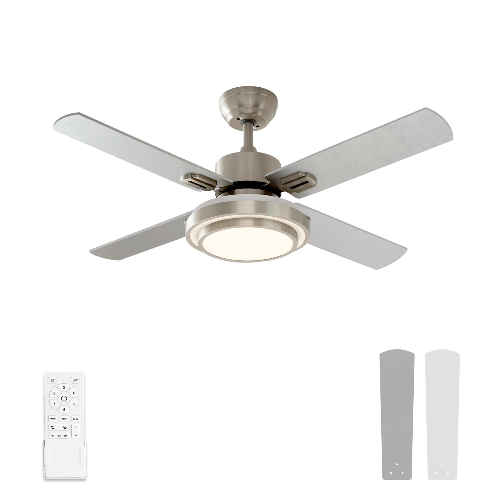 Warmiplanet 44 Inch Brushed Nickel Ceiling Fan with Lights and Remote Control - 4 Blades for Living Room, Bedroom, and Office