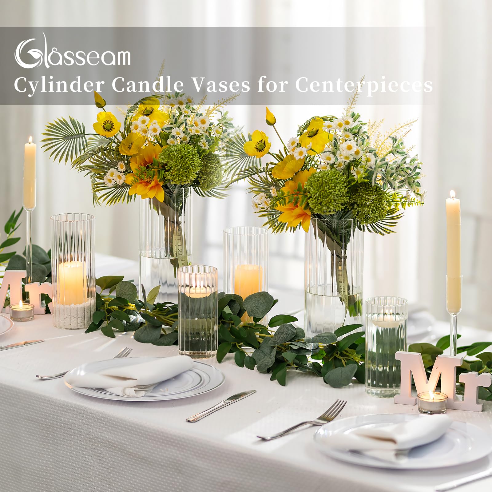 Glasseam 18-Piece Clear Ribbed Glass Cylinder Candle Holders Set - Hurricane Pillar & Floating Candle Vases for Dining Table Centerpieces, Flute Flower Vases for Wedding, Party Decor & Home Decoration