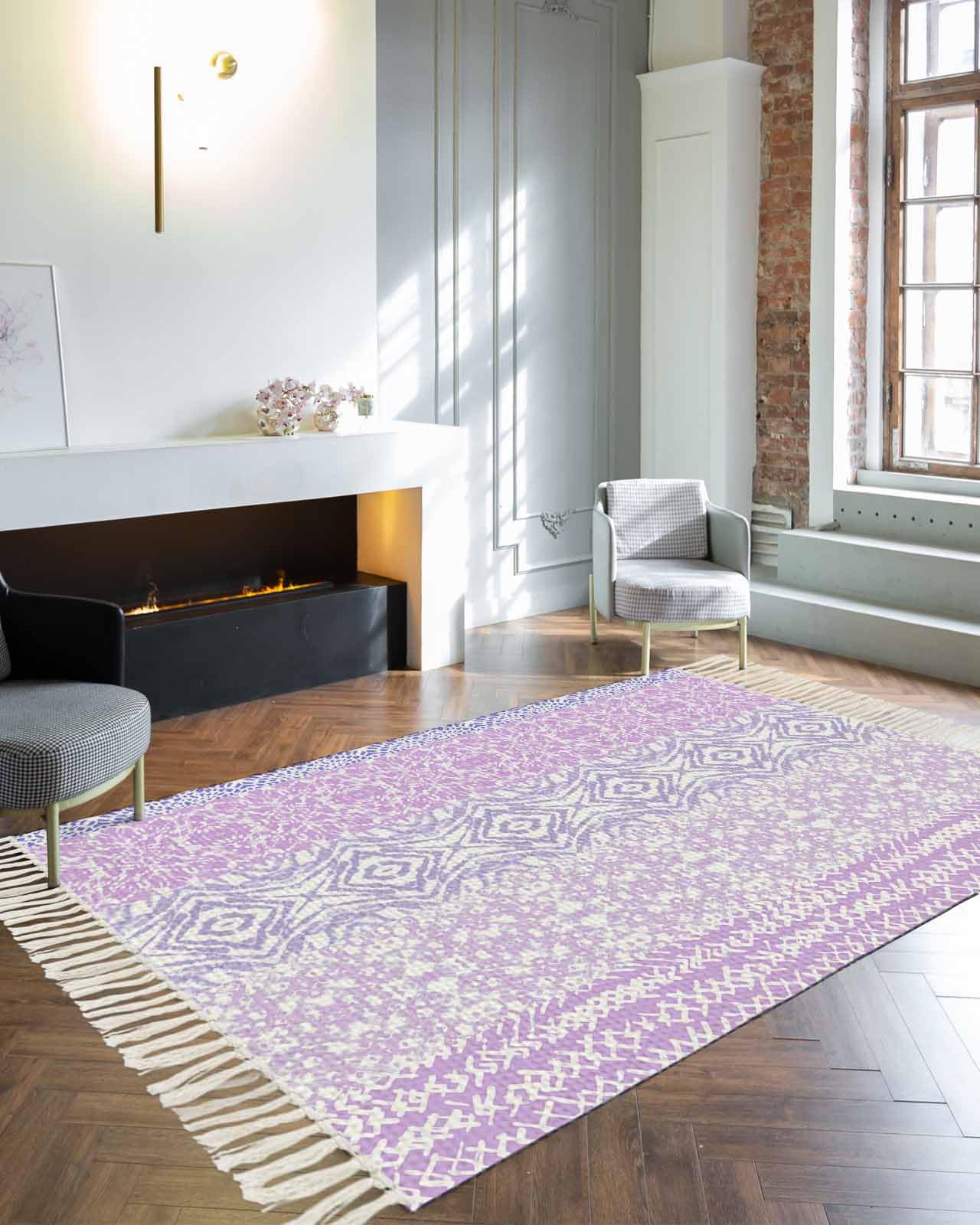 Purple Boho Large Area Rug 4x6ft - Handwoven Runner Rug with Geometric Mandala Tie-Dye Pattern | Washable Bohemian Carpet with Tassels for Living Room, Bedroom, Kitchen, Bathroom & Classroom | Indoor Door Mat for Home Decor & Yoga Space