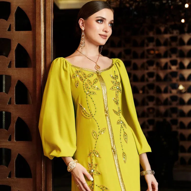 Elegant Hand-Stitched Rhinestone Beaded Caftan Dress for Women - Boho Chic Beach Cover Up, Evening Gown & Summer Party Wear