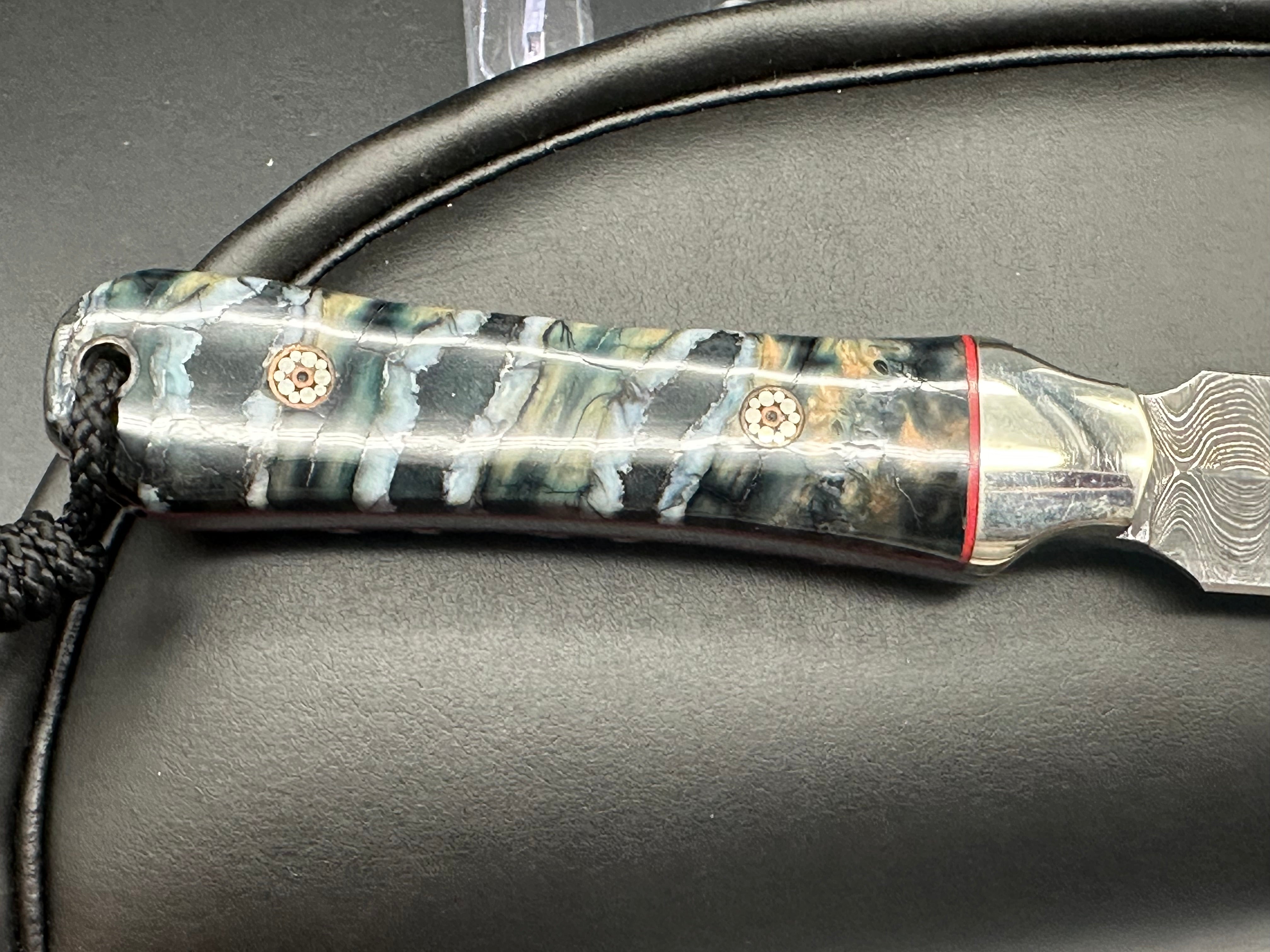 Custom Jay Higgins Neck Knife with Mammoth Tooth Scales & Ladder Damascus Blade – Perfect for Outdoor Adventures, Hunting, and Survival Gear
