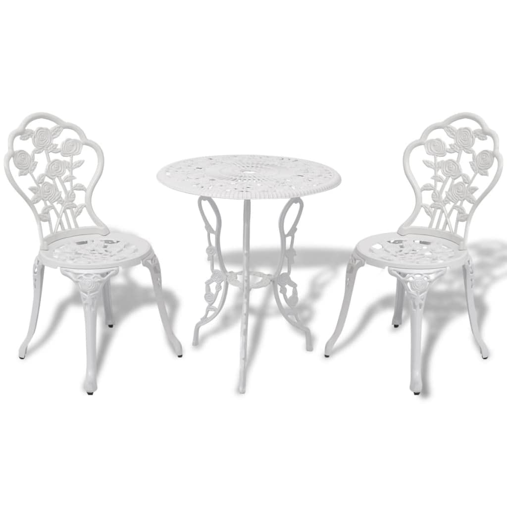 3-Piece White Cast Aluminum Bistro Set with Floral Accents - Elegant Outdoor Patio Dining Furniture for Garden, Balcony, and Backyard Relaxation - Perfect for Morning Coffee, Afternoon Tea, and Al Fresco Dining