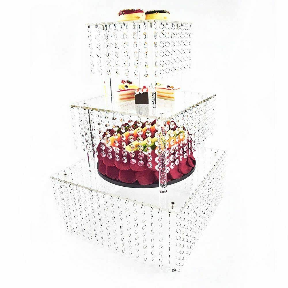 3 Tier Square Crystal Cake Stand Set - Elegant Wedding Dessert Display for Cupcakes, Cakes & Pastries - Silver Finish for Bridal Showers, Birthday Parties & Tea Events