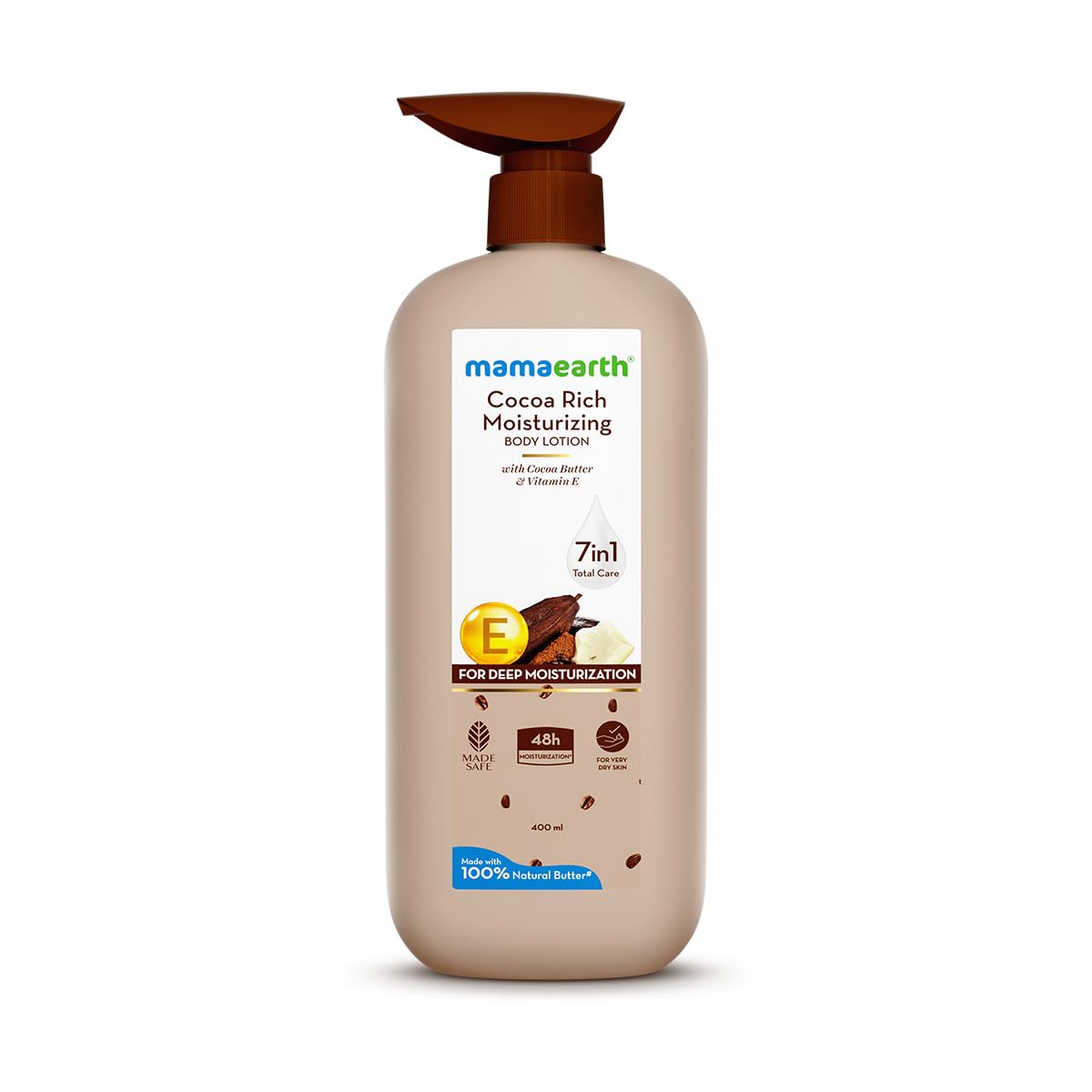 Mamaearth Cocoa Rich Moisturizing Body Lotion with Cocoa Butter & Vitamin E - 48H Deep Hydration for Very Dry Skin | 400ml Natural Body Lotion | 7-in-1 Total Care Benefits | Non-Greasy Formula for Smooth Skin | Perfect for Daily Moisturizing, Winter Care & Sensitive Skin Relief