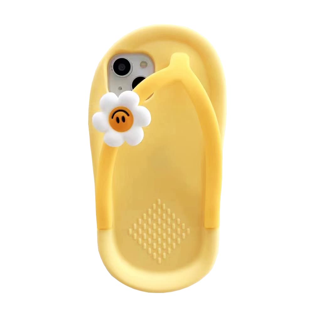 Yatchen Cute Cartoon Yellow Slippers & Flower Flip Flops 3D Soft Silicone Phone Case for iPhone 13 - Kawaii Design, Protective Cover for Women & Girls - Perfect for Summer, Beach Days, and Casual Outings
