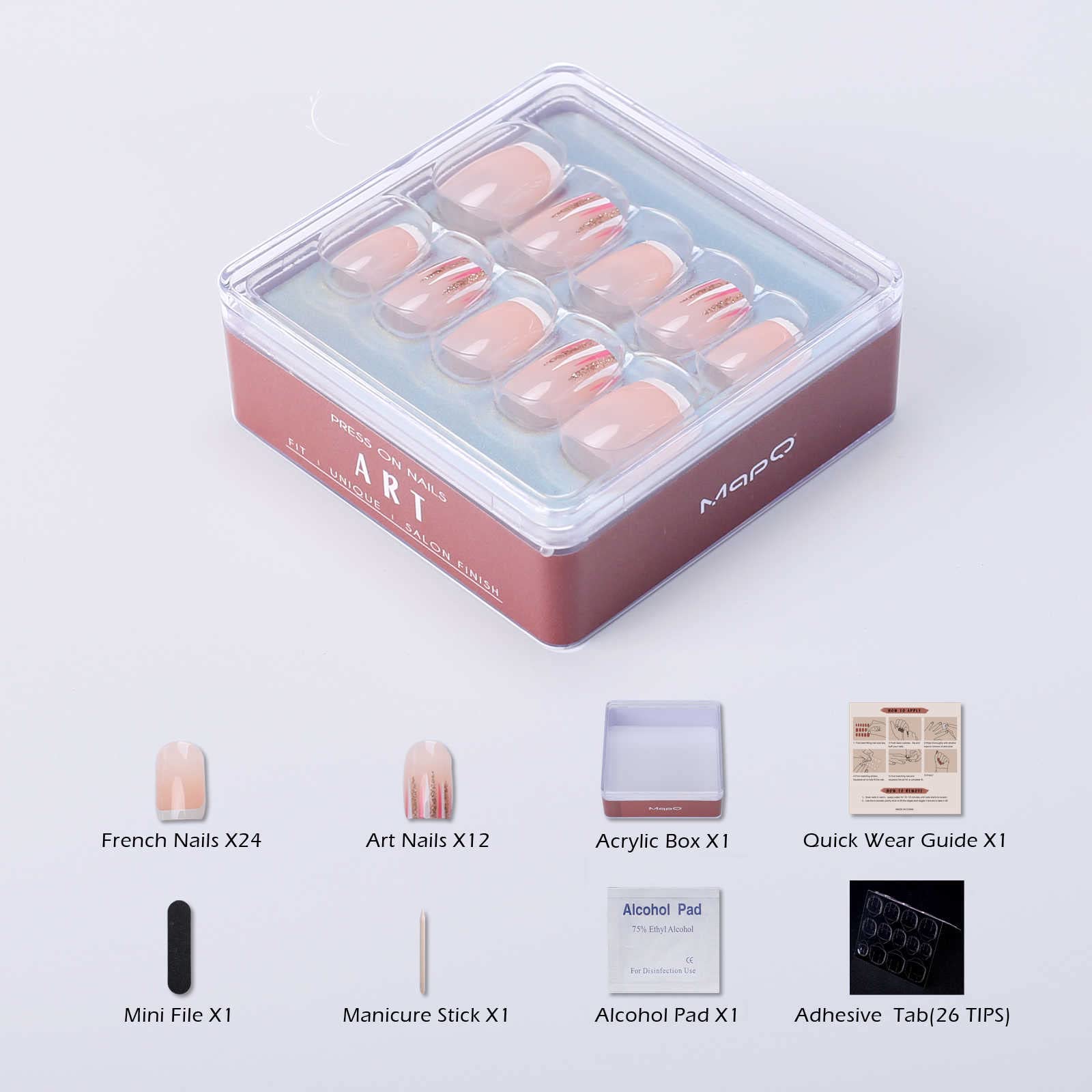 Nude Pink French Press On Nails - Short Square Fake Nails with White, Red & Gold Glitter Design - 36pcs Full Cover Glossy False Nails for Women & Girls - Perfect for Parties, Weddings, and Everyday Wear